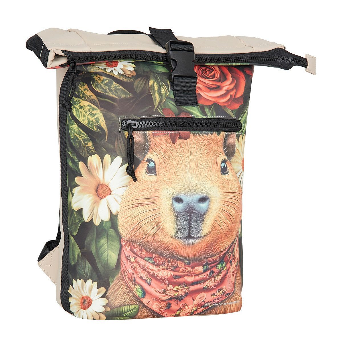 NEW REBELS Laptoprucksack Roll Up RollTop Kurier Rucksack Freizeitrucksack Mart Art New York, wasserabweisend, Laptopfach, Kunstmotiv Capybara
