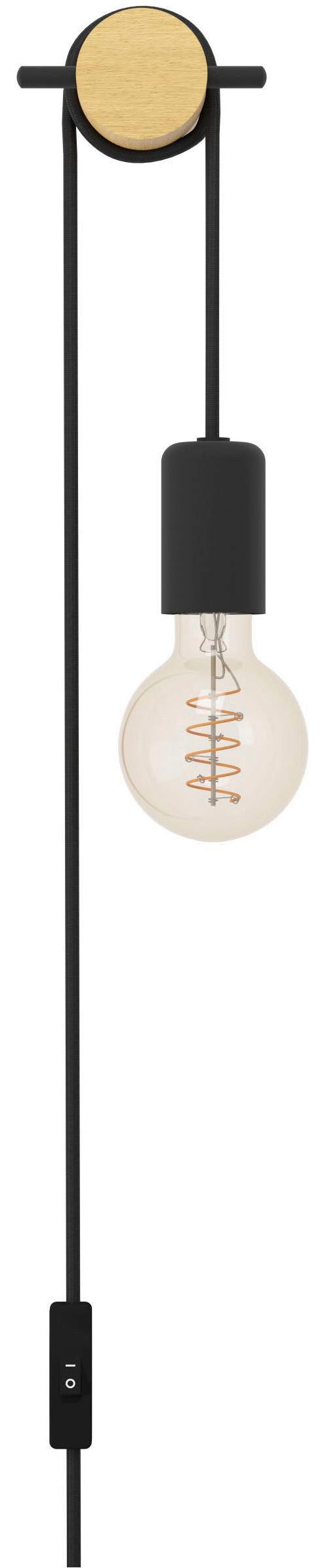 EGLO Wandleuchte Buddon Wandlampe Vintage, Natur, E27, Metall und Holz, Wohnzimmerlampe, Ein-/Ausschalter, ohne Leuchtmittel, Wand-/Deckenleuchte - L5,5 x H260 x AL8 cm - braun, schwarz