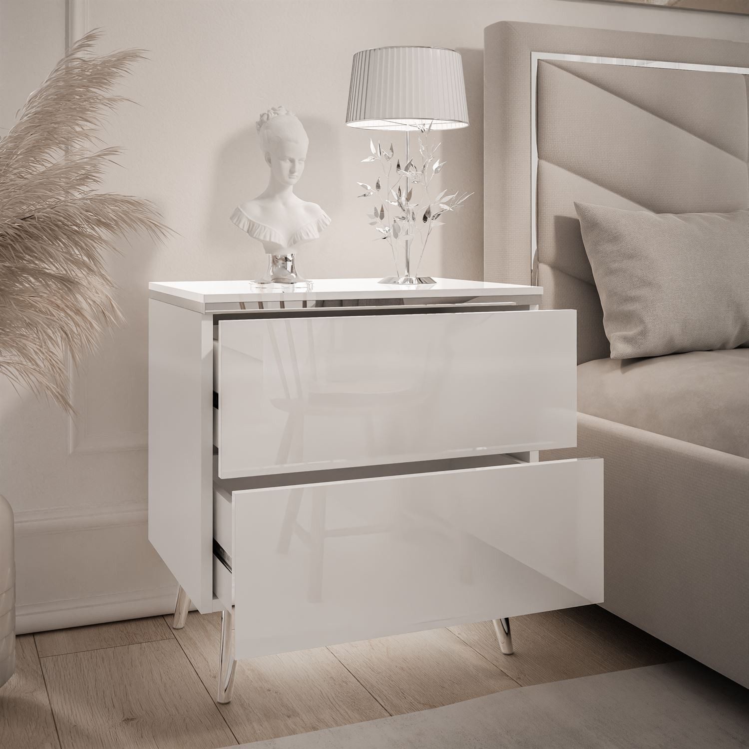 Lookway Nachttisch AURORA II SILVER mit LED‑Beleuchtung (1x Nachttisch), 50x48/53/54x37 cm – Bild 4 von 5