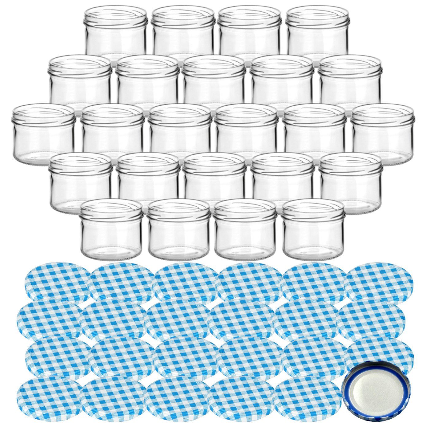 gouveo Einmachglas Банки для хранения 230 ml rund mit Schraubverschluss TO 82, (24 Stück, Karo-Blau BLUESEAL), Стекло für Selbstgemachtes, Marmelade, Wurst