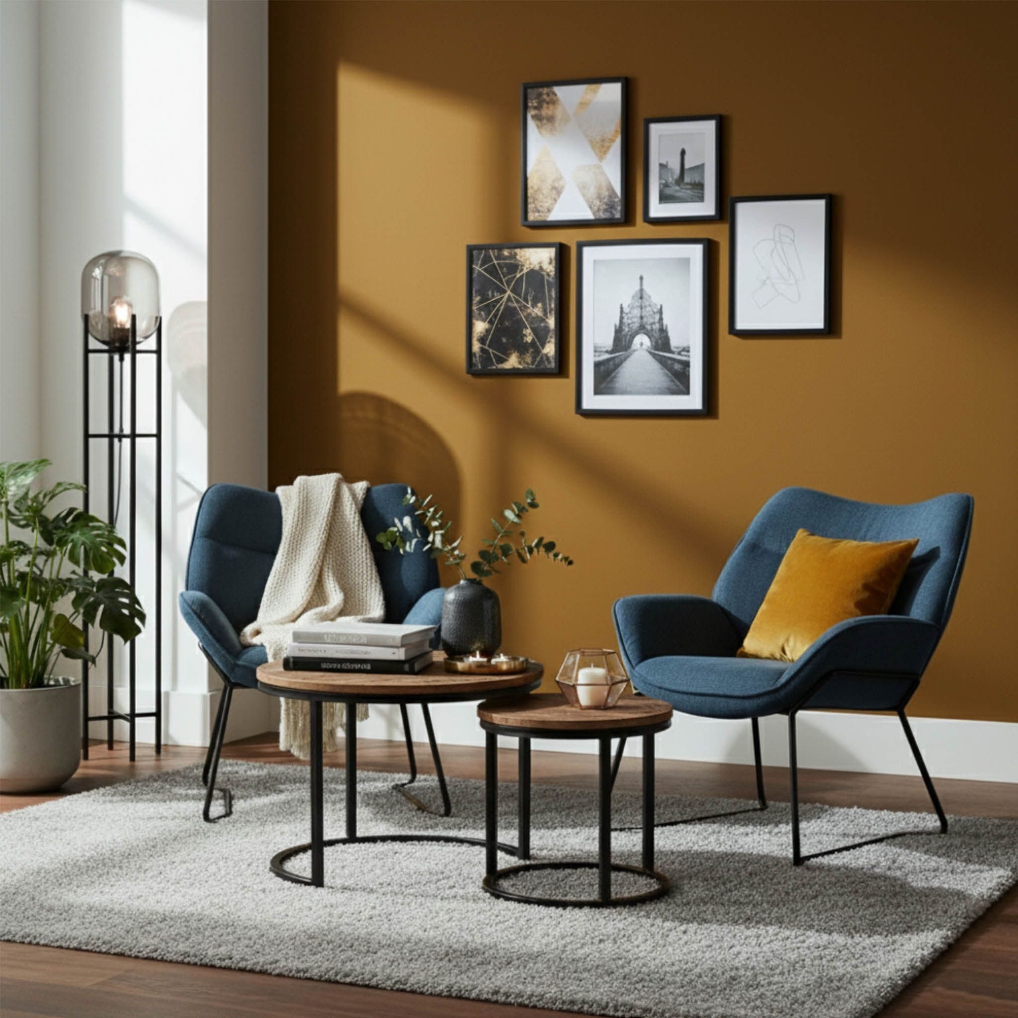 bene living Loungeset Couchtisch Fermo und 2er Set Sessel Aliano blau, (Indoor-Möbelset, 3-tlg), durchgehende Arm- und Rückenlehne - stabiles Metall-Gestell
