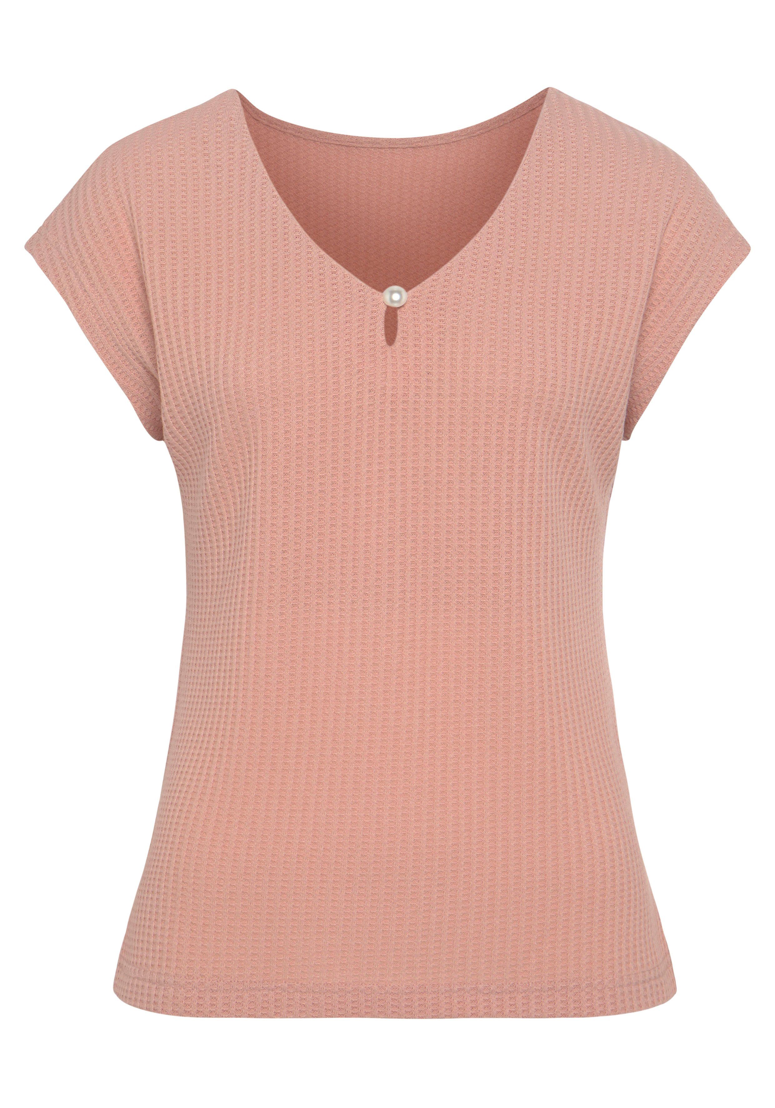 LASCANA Kurzarmshirt mit Zierperle aus elastischem Waffelpiqué mit Viskose – Bild 2 von 5