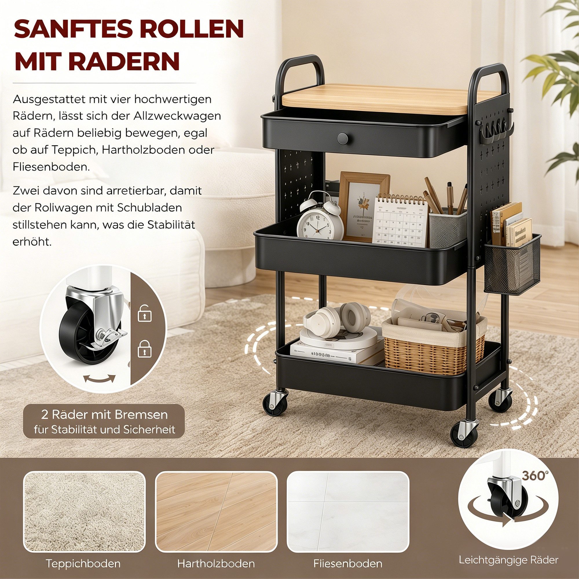GLIESE Beistellwagen Vielseitiger Küchenwagen, Servierwagen, für Küche, Büro, Wohnzimmer, 2 Hängekörben, 4 Haken, 2 Lochplatten,1 Schublade, Bremsrollen, Griff – Bild 3 von 5