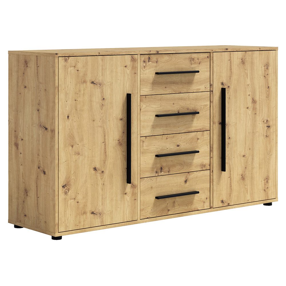 Lomadox Schlafzimmer-Set MOLLERUSA-132, (Spar-Set, 7-tlg., Bett Kleiderschrank Sideboard Bettschubkästen Nachttische), in Eiche mit schwarzen Griffen, Liegefläche 160x200 cm