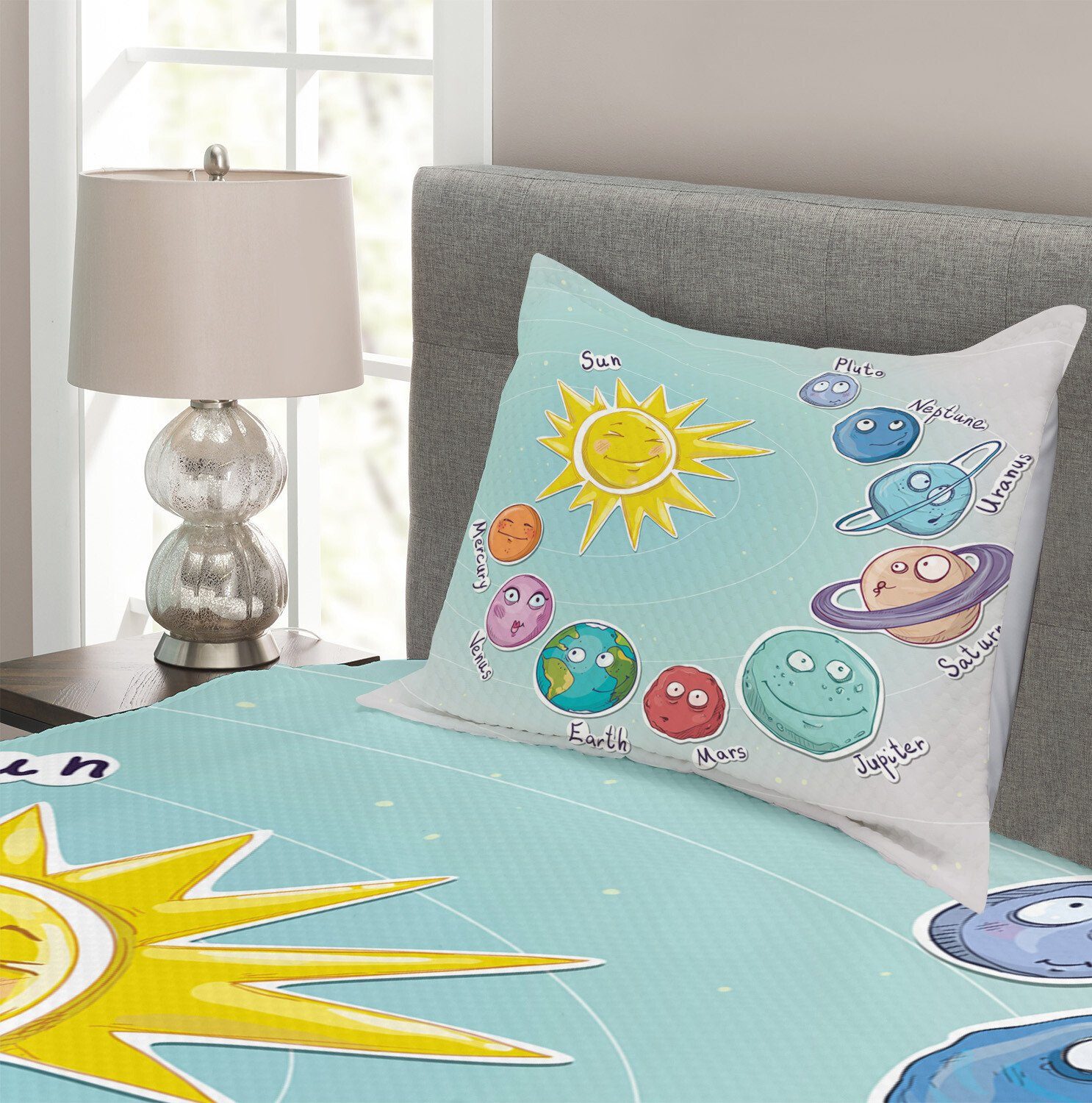 Tagesdecke Set mit Kissenbezügen Planeten Cartoon Waschbar, Platz Abakuhaus, Sonne