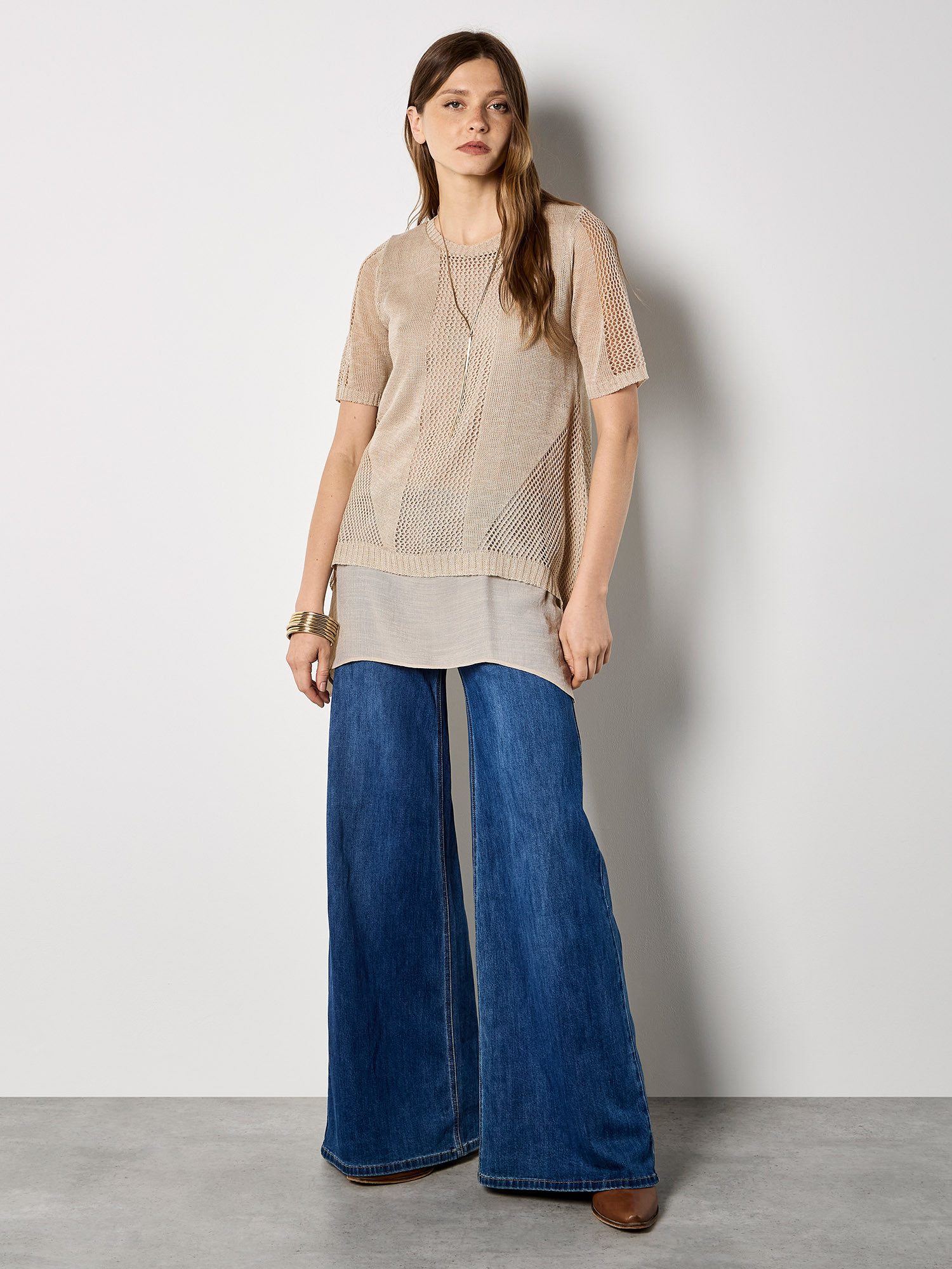 Apricot Tunika Gestaffelte Tunika aus Pointelle-Strick Einfarbig