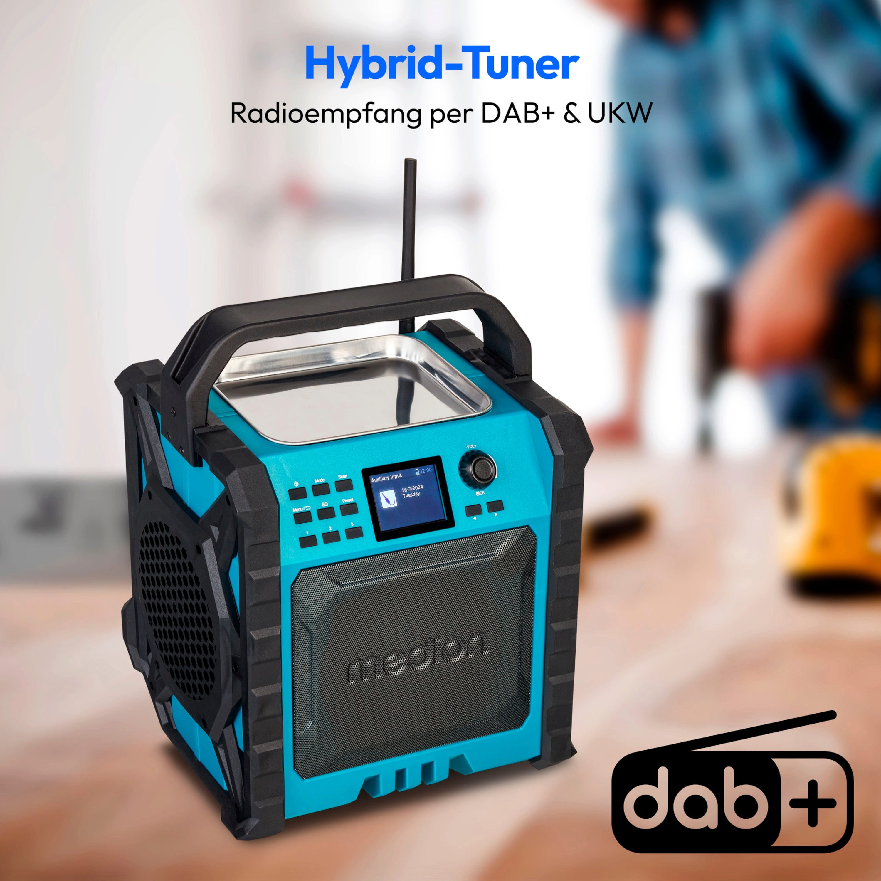 Medion® Baustellenradio MEDION® LIFE® P66896 (MD43896) Baustellenradio (DAB+, MW/UKW, AM/FM, 30 W, ca.10 Std. Akkulaufzeit, Powerbank-Funktion,IP54-Schutz, Bluetooth 5.3)