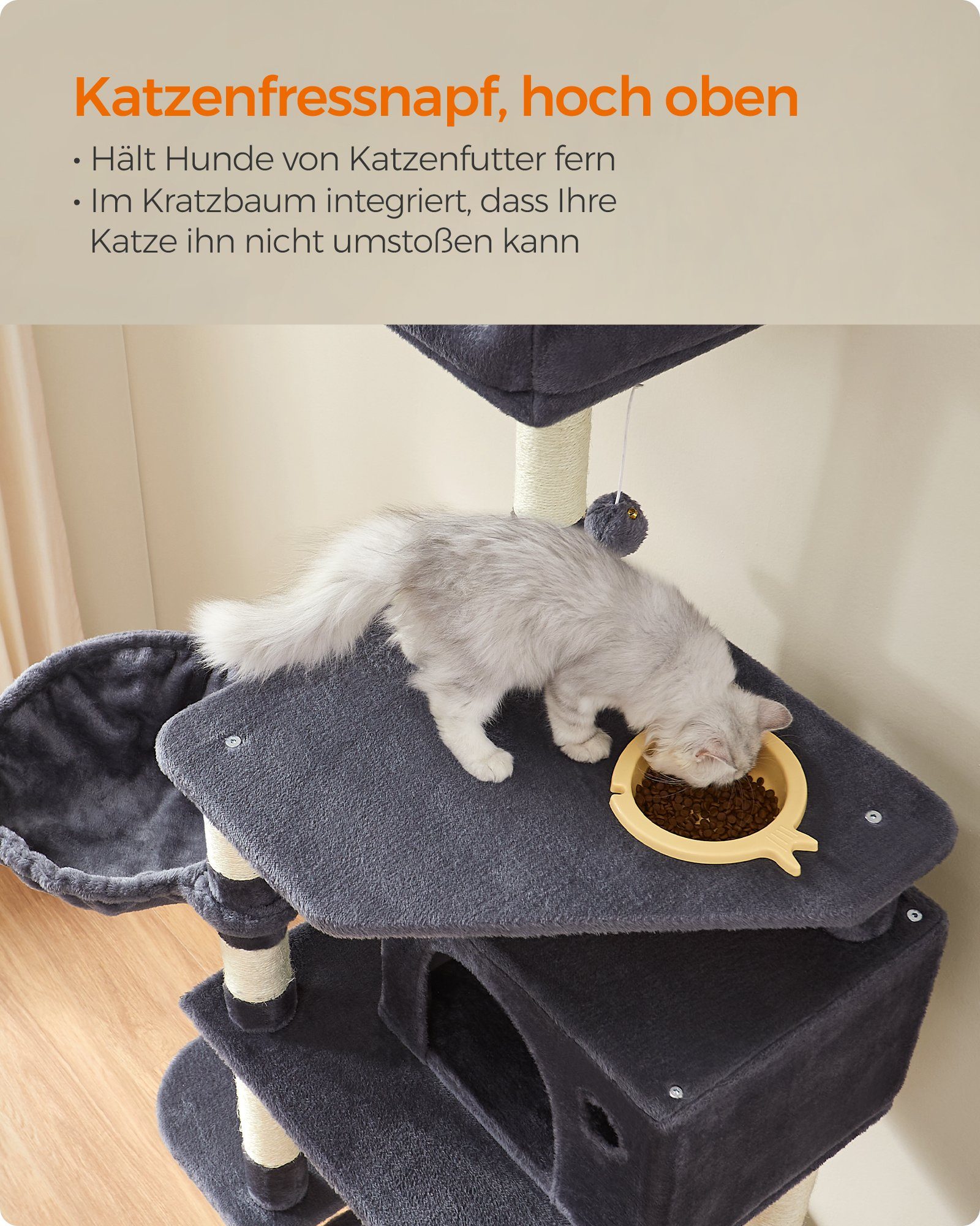 FEANDREA Kratzbaum, mit hundesicherem Katzennapf, stabil, 164 cm, Kippschutz