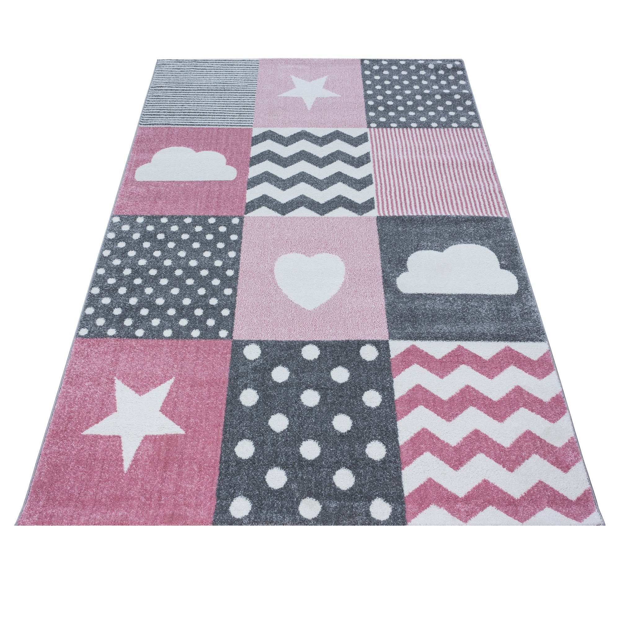 Teppium Teppich Herz- und Stern Design, Rund, Höhe: 11 mm, Kinderteppich Karo Design Rosa Baby Teppich Kinderzimmer Pflegeleicht