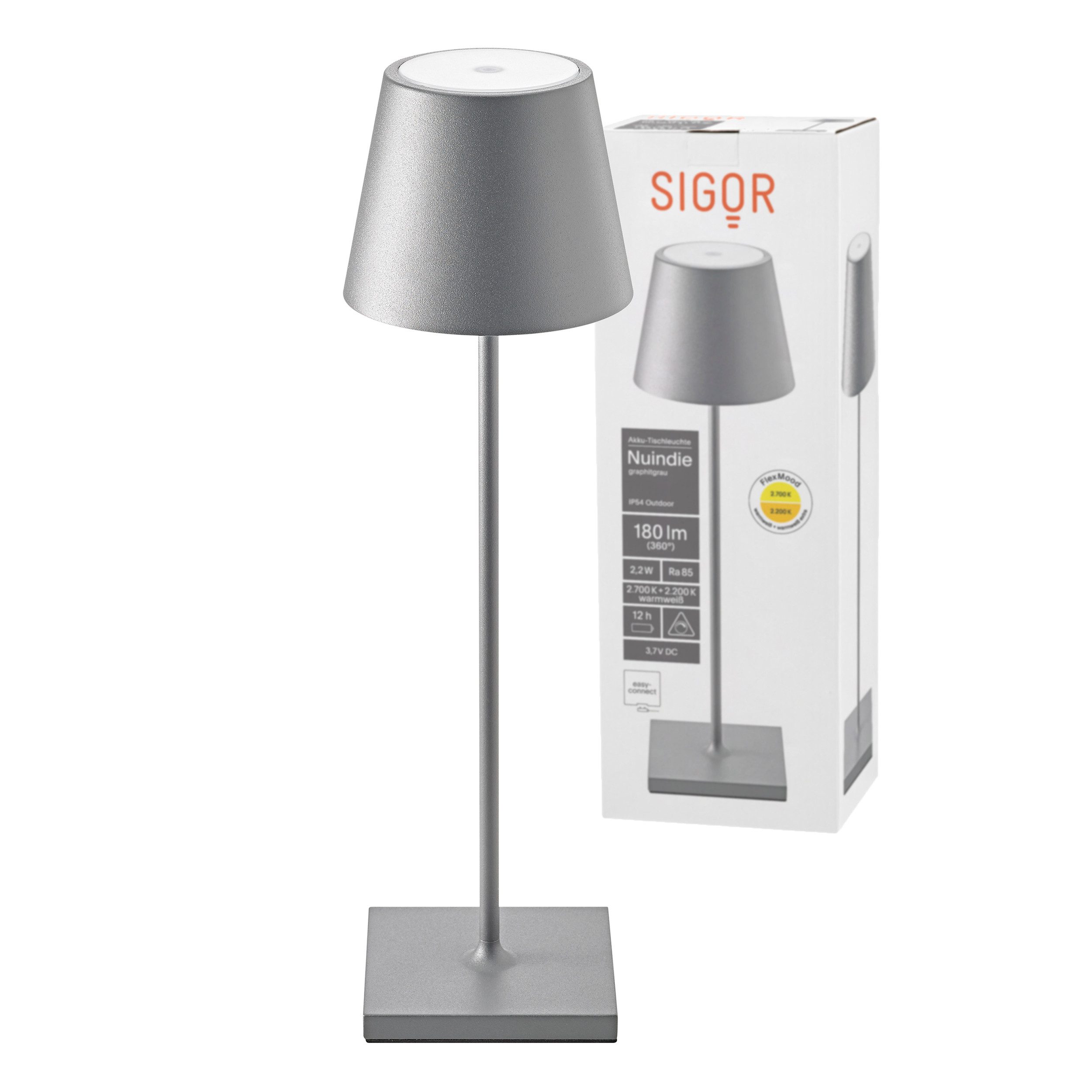 SIGOR LED Tischleuchte Stilvolle Akku-Tischlampe Nuindie, LED fest integriert, Warmweiß, Extra-Warmweiß, kabellose Tischleuchte, 38x10x10 cm