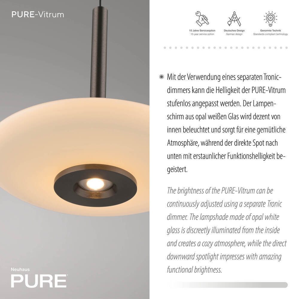 Paul Neuhaus LED Pendelleuchte LED Pendellampe PURE Vitrum Lift, Dimmfunktion, höhenverstellbar, 1xLED-Board/4,90W/2700K, warmweiß, manuell höhenverstellbar per Comfortlift, Glas