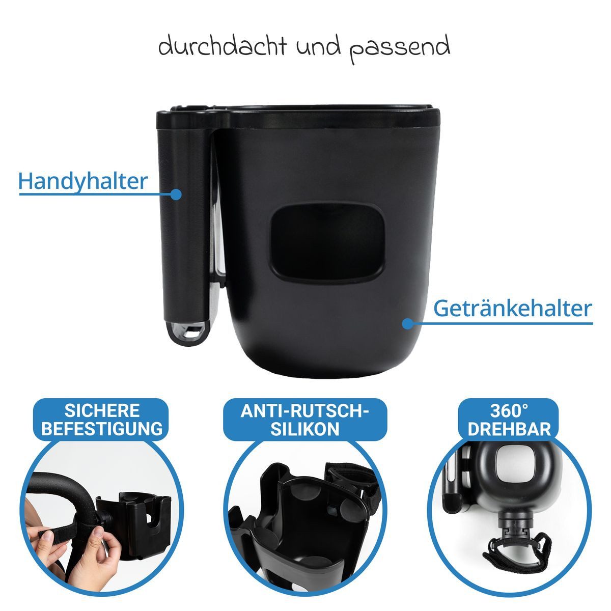 Zamboo Becherhalter Schwarz, Getränkehalter Flaschenhalter für Kinderwagen & Buggy mit Handyhalter