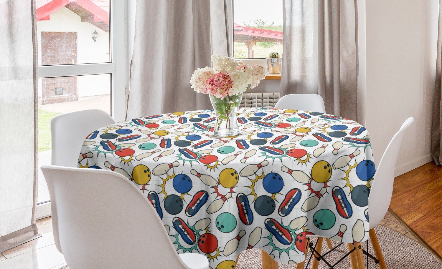 Abakuhaus Tischdecke Kreis Tischdecke Abdeckung für Esszimmer Küche Dekoration, Bowling Farbe Doodle Retro