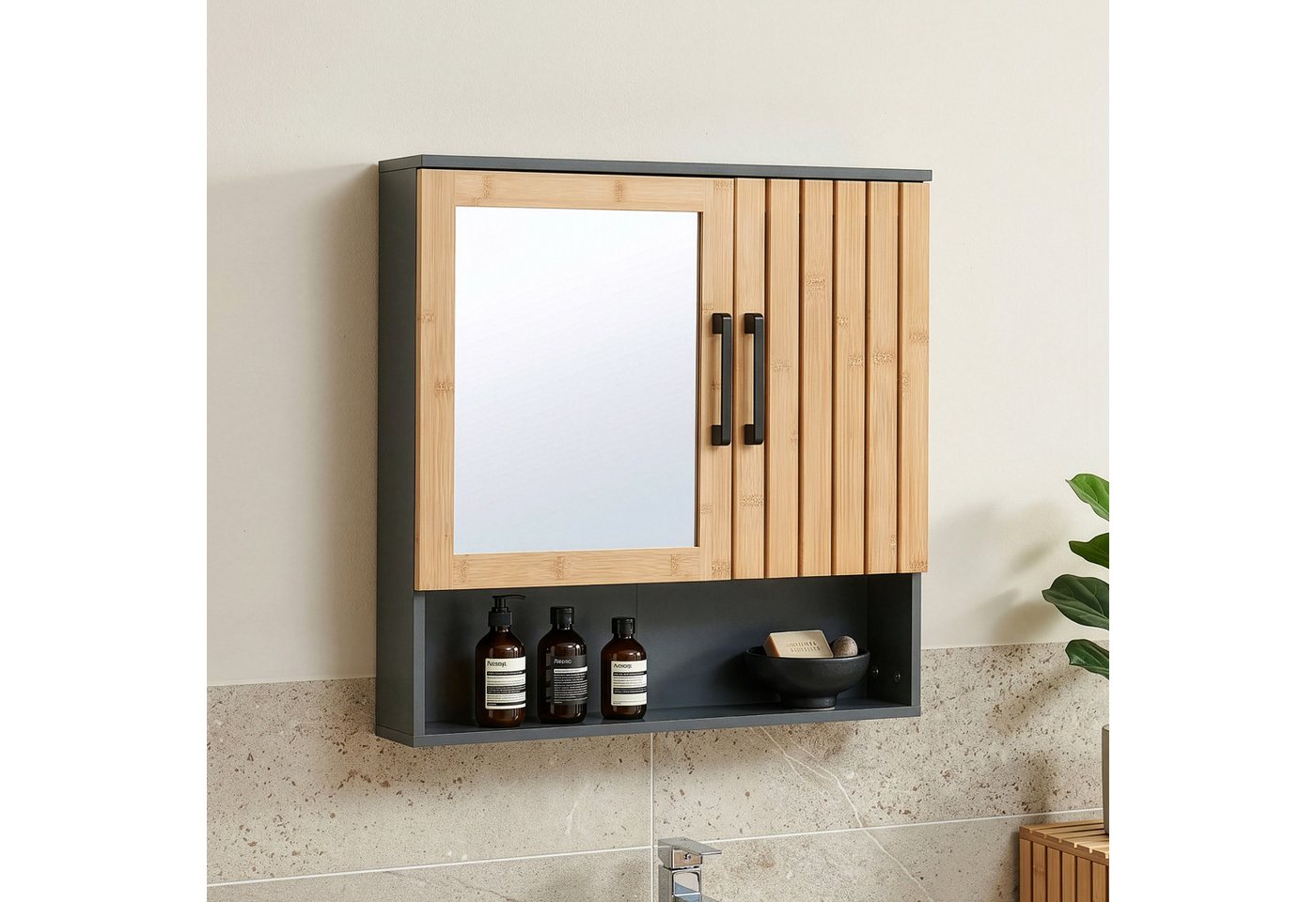 en.casa Spiegelschrank »Svanes« 58 x 56 x 13 cm 2 Türen 1 offenes Fach Dunkelgrau/Natur