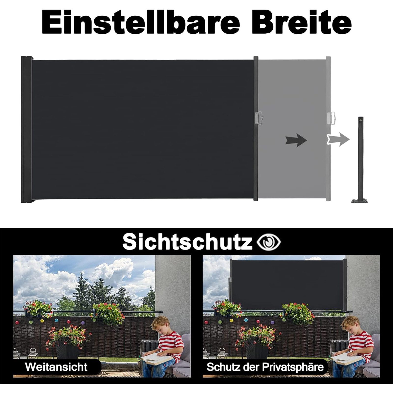 FIVMEN Seitenmarkise Ausziehbar Sichtschutz Markise, Anthrazit,100/120/140cm Seitliche Vordächer für Terrasse Balkon Garten – Bild 4 von 5