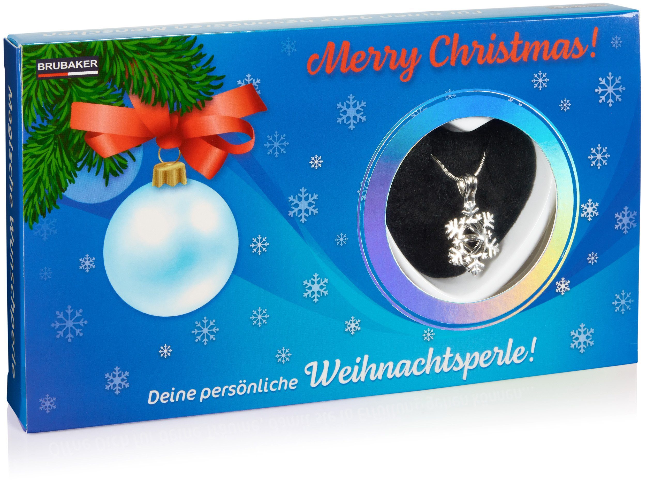 BRUBAKER Perlenketten-Set Deine Persönliche Weihnachtsperle - Merry Christmas (Muschel mit echter Perle als Schmuck Geschenkset - Weihnachten, Set), Wunschperle - Halskette mit Silber Schneeflocken Anhänger