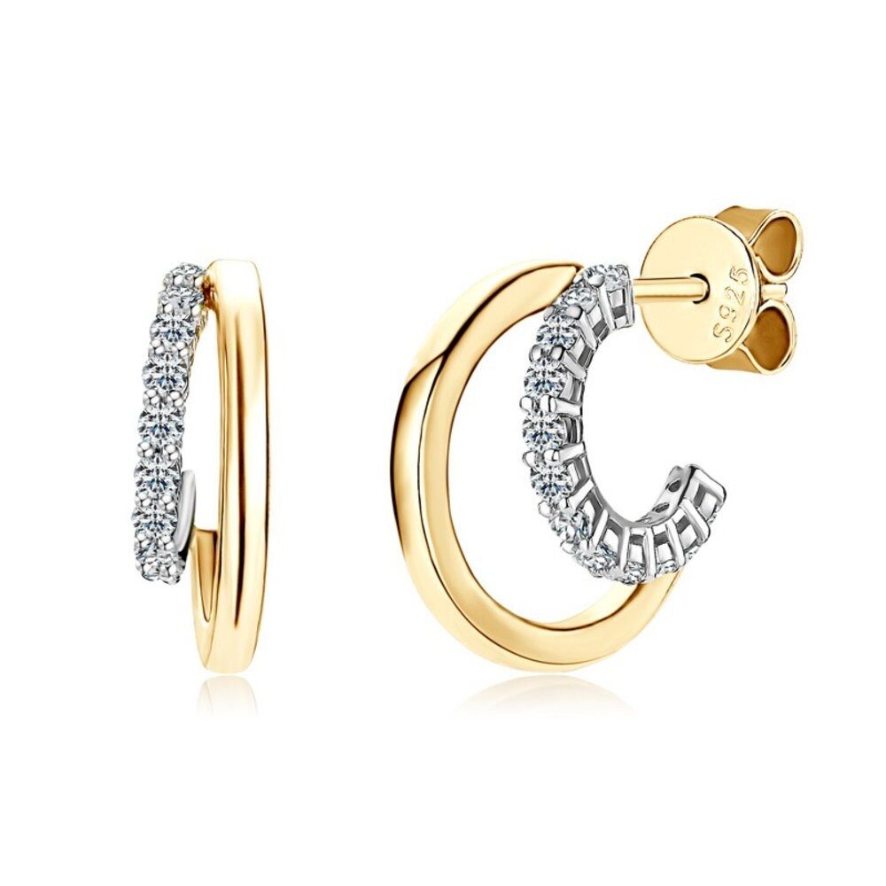 Paar Creolen Extravagante Moissanit Bicolor Creolen Ohrringe 925 Silber 18K Gold
