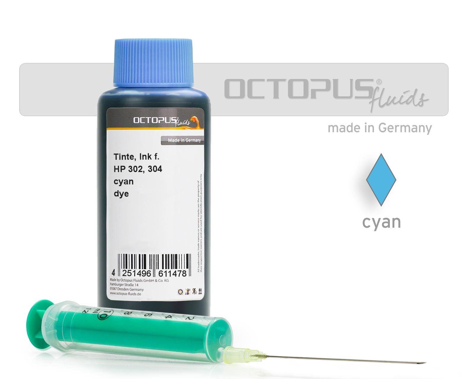 OCTOPUS Fluids Ink for HP 302, 304 cyan with syringe Nachfülltinte (für HP, 1x 100 ml)