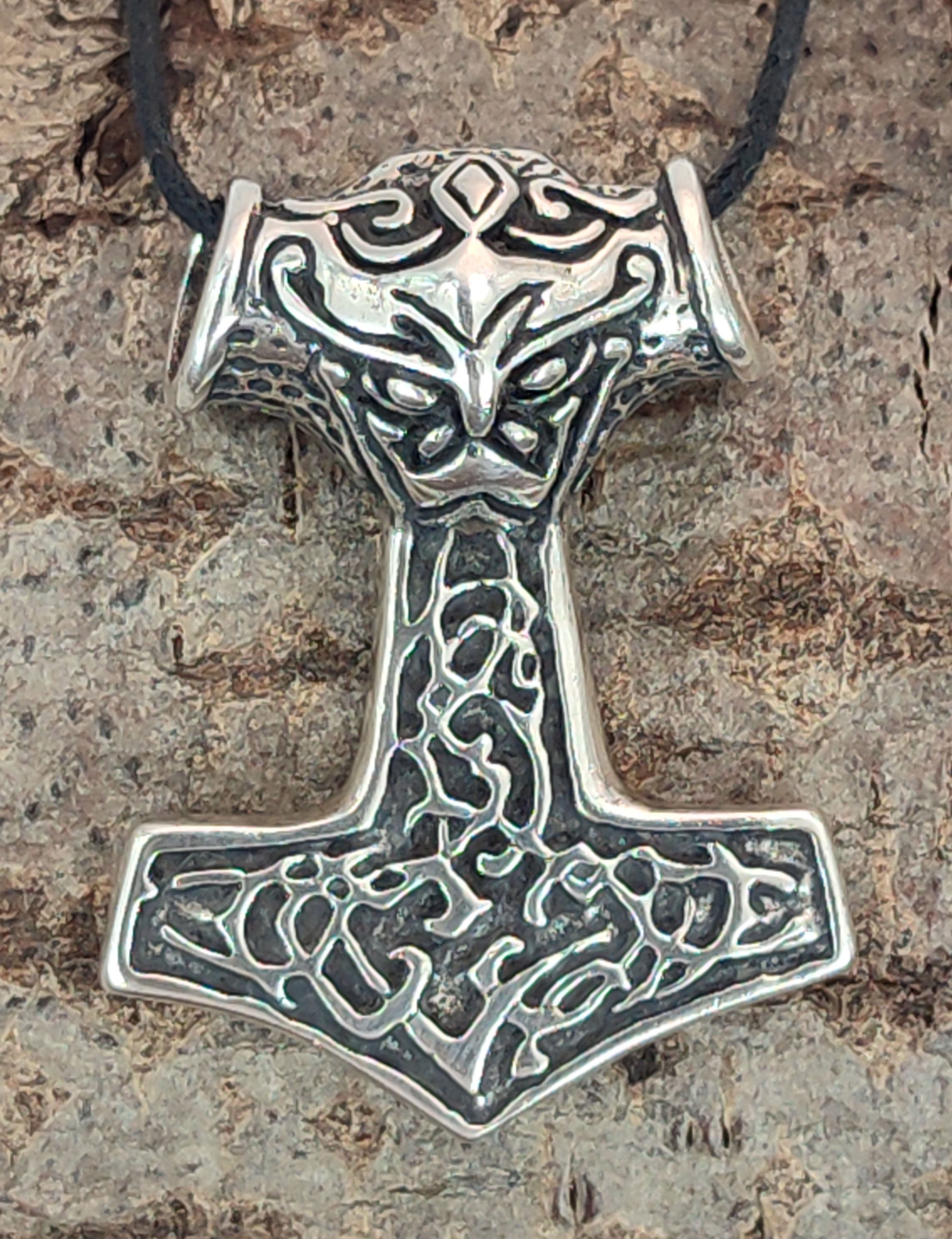 Thorhammer Thorshammer Mjöllnir 925 Leather Anhänger Kettenanhänger Thor of Kiss großer Silber