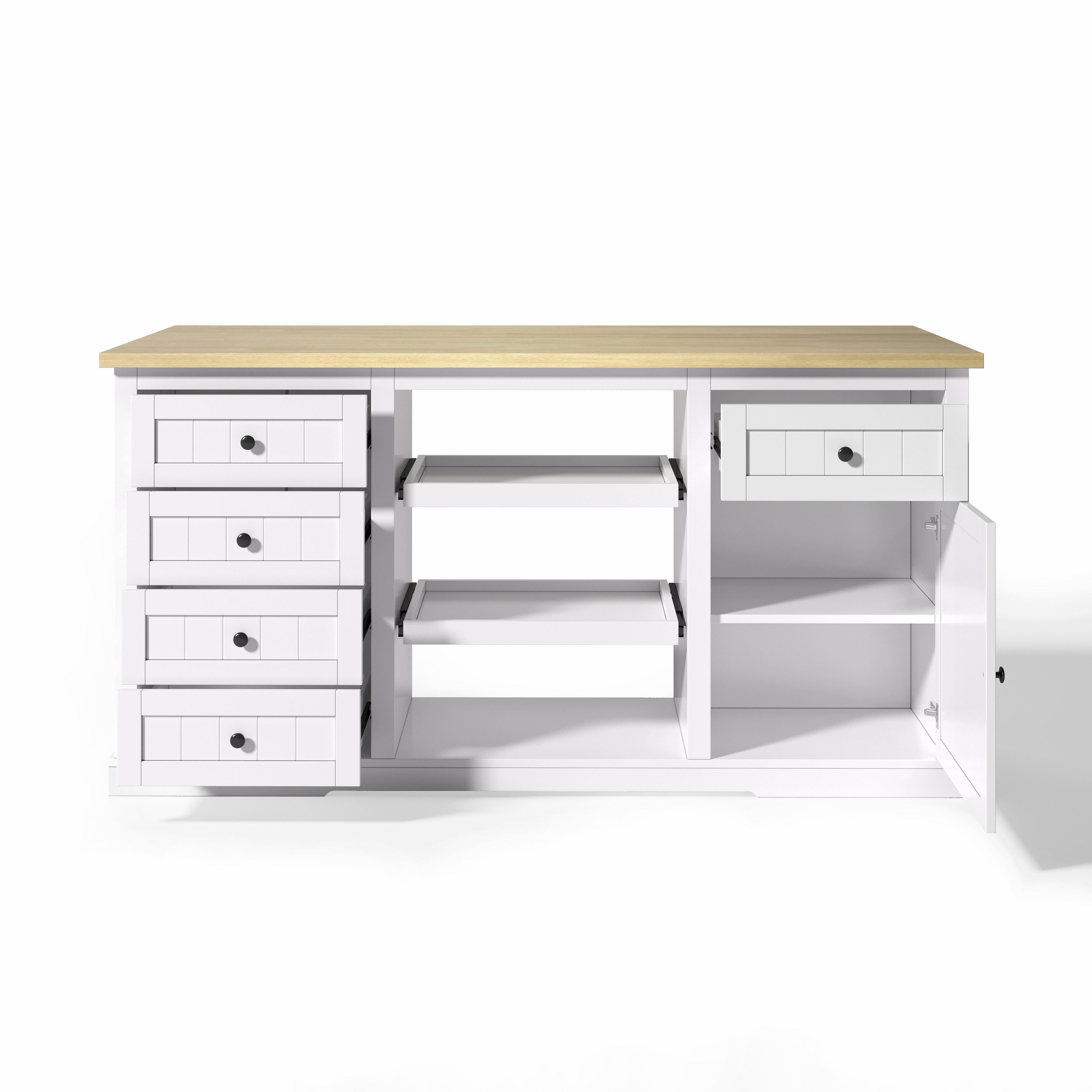 Flieks Küchenbuffet Kücheninsel mit Steckdosen und erweiterbaren Arbeitsplatte Weiß (B150/T45-65/H75,5 cm, 1-St., Schrank mit verstellbaren Einlegeböden) Küchen – Bild 4 von 5
