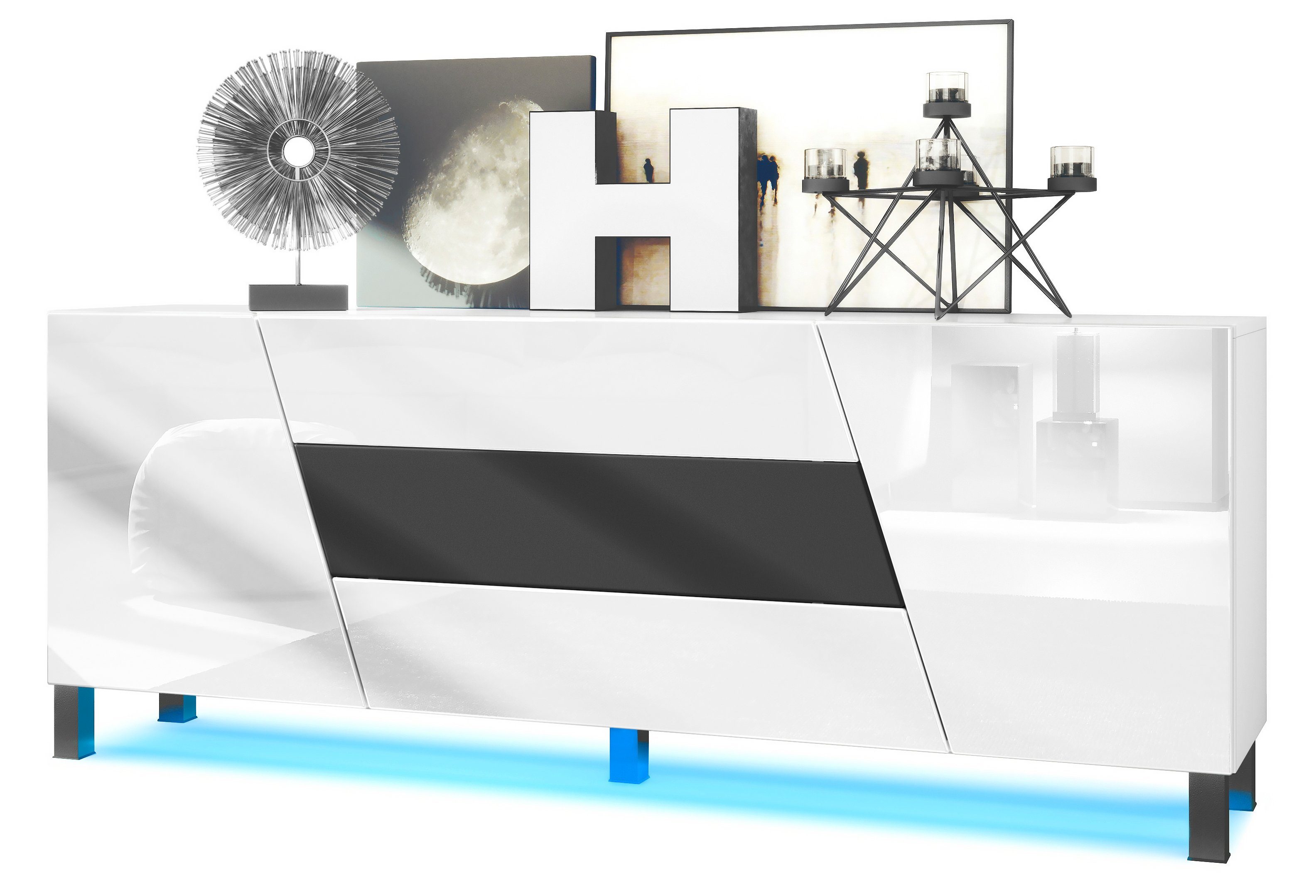 Vladon Sideboard Houston (Kommode, mit 2 Türen und 3 Schubladen inkl. LED-Beleuchtung), Weiß matt/Weiß Hochglanz/Schwarz matt (178 x 57,5 x 38,5 cm)