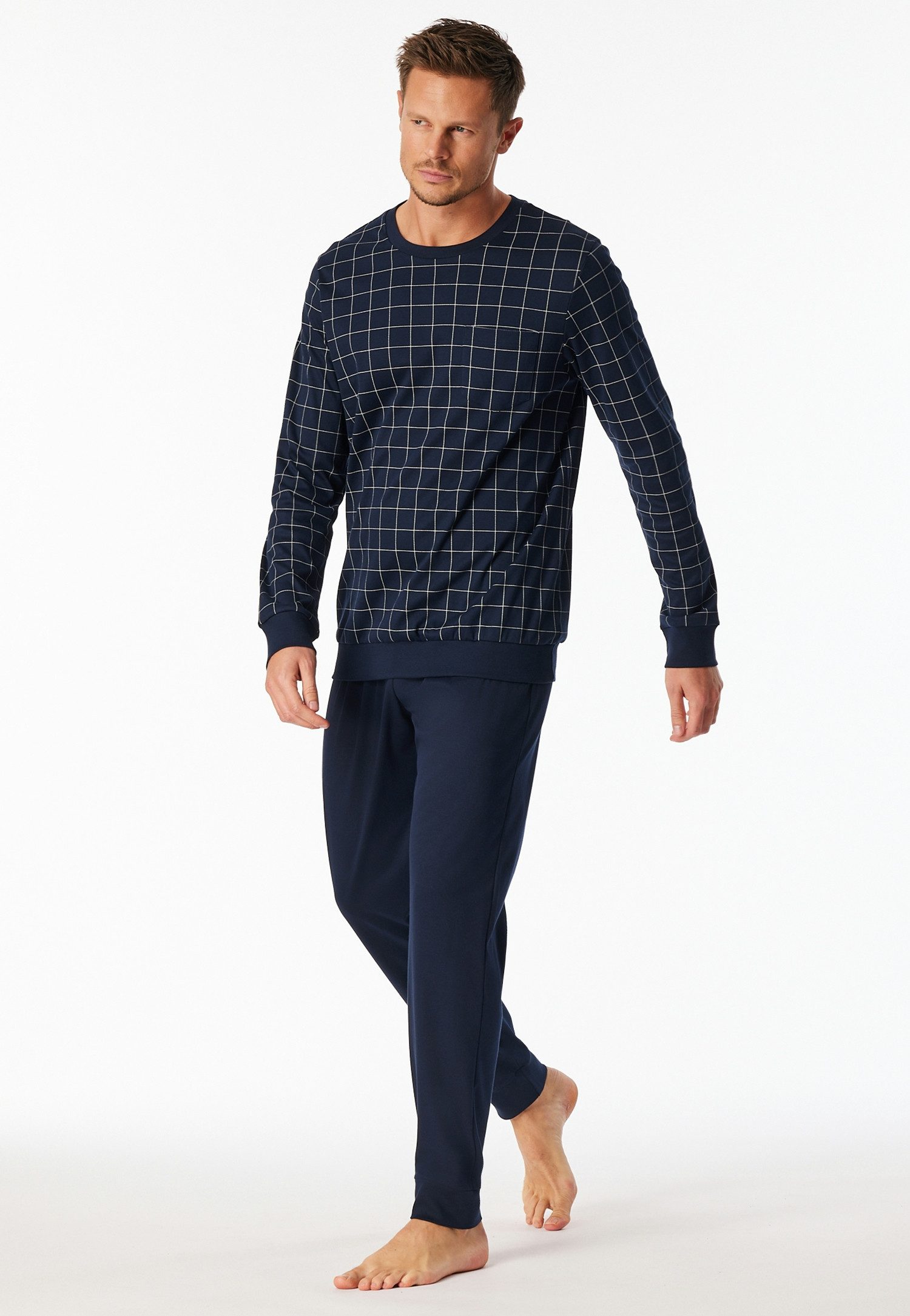 Schiesser Pyjama Fine Interlock mit Rundhalsausschnitt, langärmelig, Baumwolle
