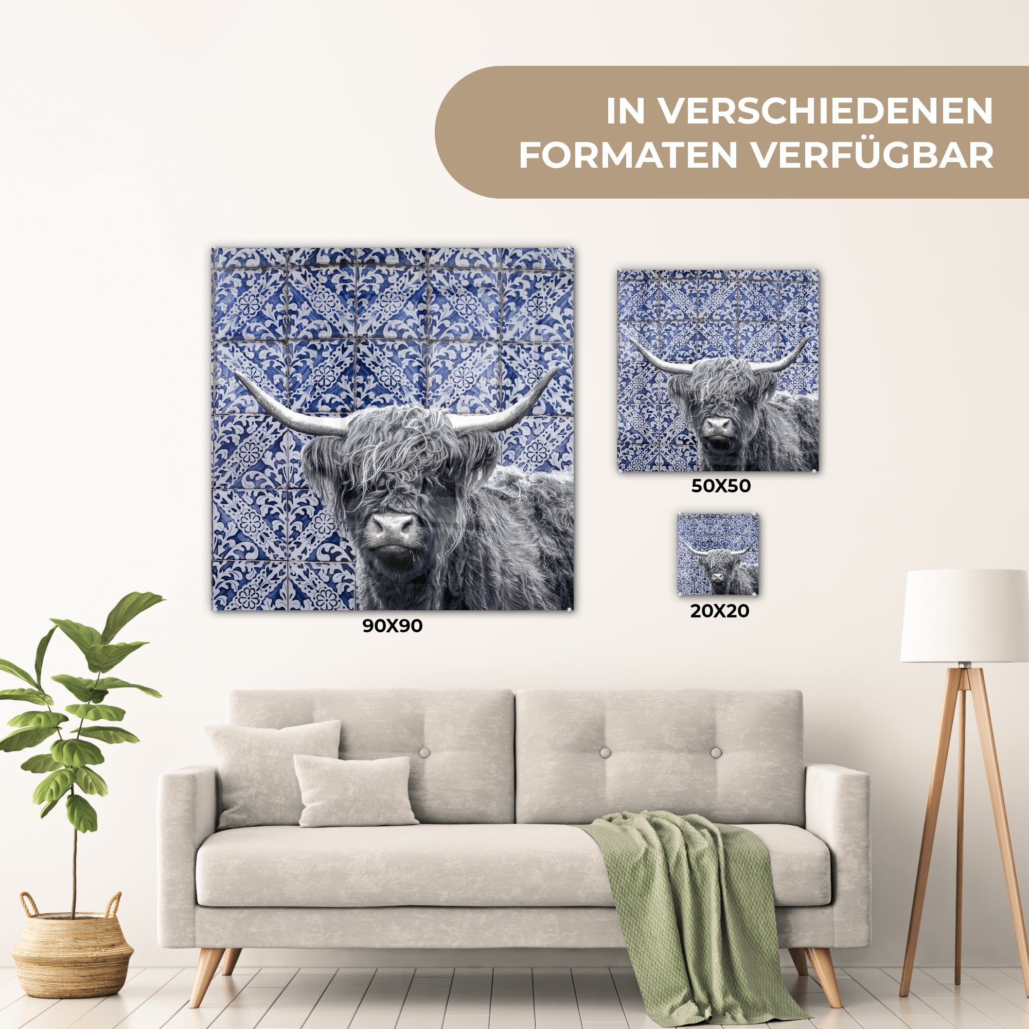 MuchoWow Acrylglasbild Schottischer - (1 Glas Glasbilder Delfter Bilder Schwarz - Foto - Wandbild Highlander auf - Blau Weiß, auf Wanddekoration St), - Glas 