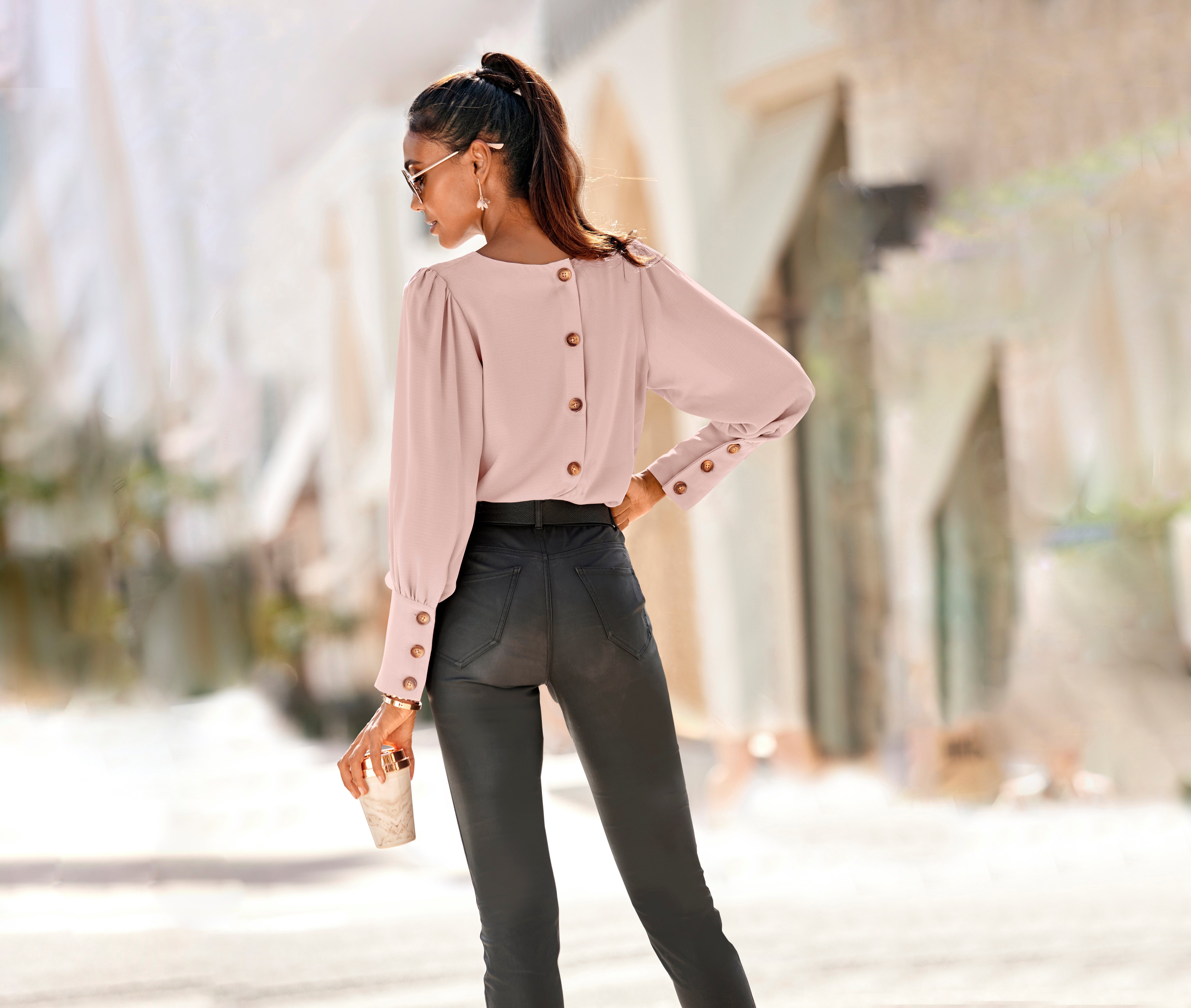 LASCANA Langarmbluse mit durchgehender Knopfleiste im Rücken elegante Damenbluse, Blusenshirt mit Puffärmeln, Business, festlich – Bild 5 von 5