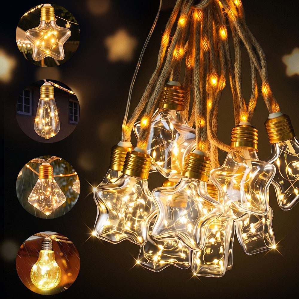 Salcar LED Solarleuchte Solar Lichterkette Warmweiß Hanfseil Glühbirnen Vintage Garten, LED wechselbar, Warmweiß, LED, 5m Lichterkette + 3m Zuleitung, 10 Glühbirnen mit 149 LED