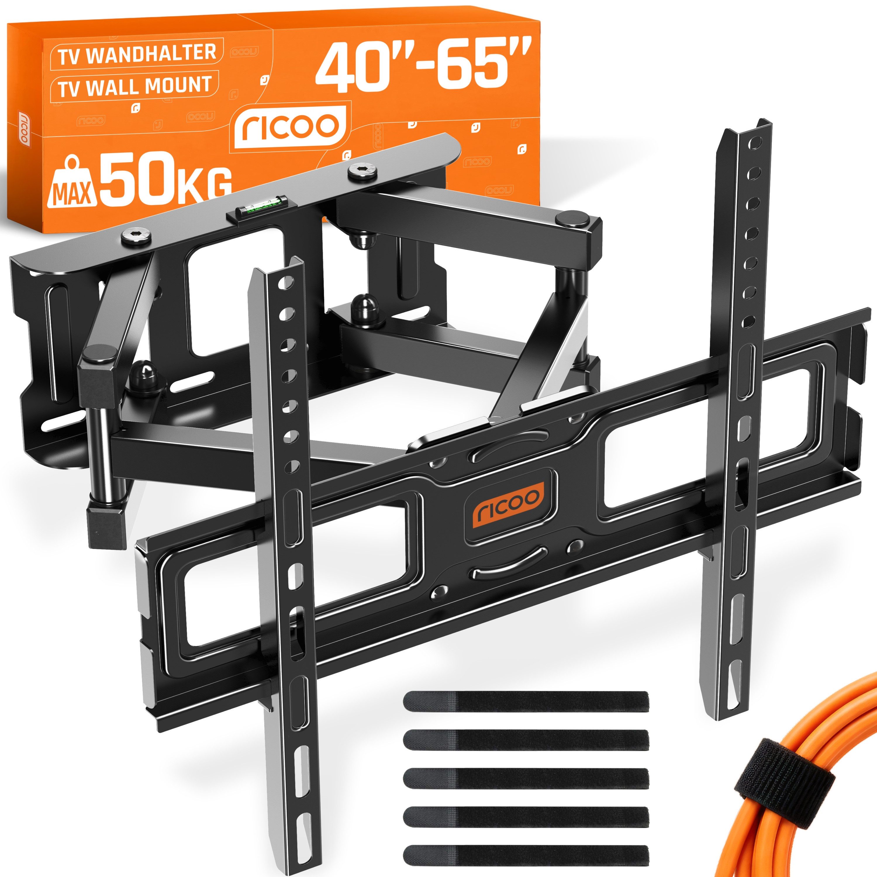 RICOO TV-Wandhalterung TV Wandhalterung 43" 47" 50" 55" 65" max 50 Kg schwenkbar S5244, (bis 65 Zoll, VESA 200x200 bis 400x400, 1-tlg., vollbeweglich ausziehbar neigbar ausziehbar 31" bis 65" Halterung, bis 12° Neigung, bis zu 120° Schwenkung Fernseher Halter universal)