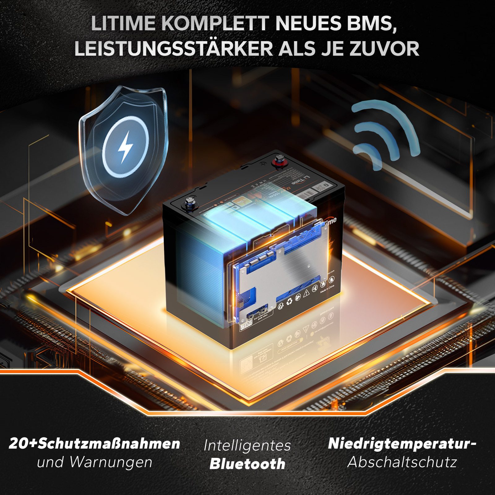 LiTime 12V 100Ah LiFePO4 Batterie der Gruppe 24 mit Bluetooth Solarakkus (12 V), Solarspeicher für Mini Camper Boot, 260x168x210 mm – Bild 4 von 5