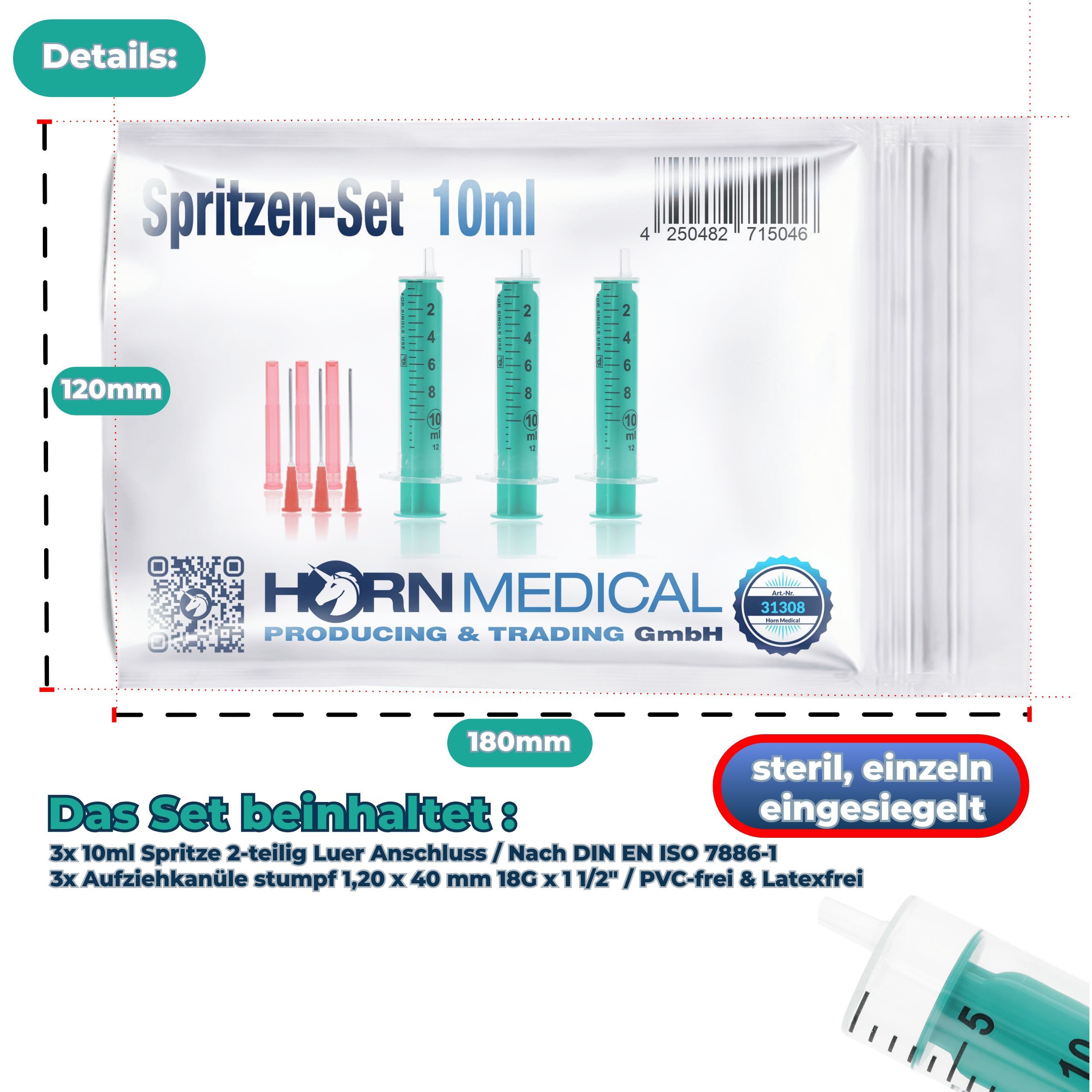 Horn Medical Einwegspritze Horn Medical Spritzen-Sets mit stumpfen Kanülen -Größe wählbar-, (Einwegartikel, einzeln steril verpackt), präzises Dosieren ohne Ver – Bild 2 von 5