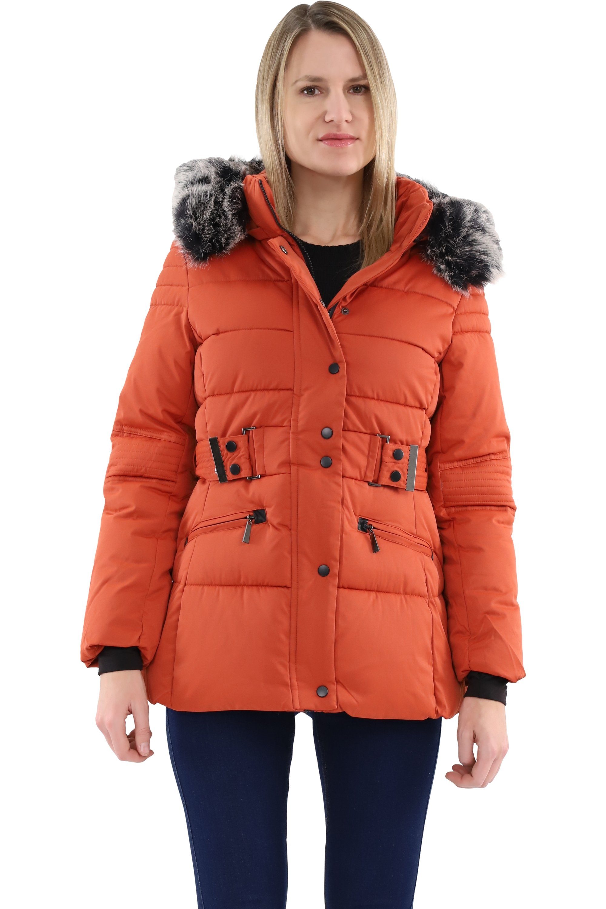 malito more than fashion Steppjacke malito Damen Steppmantel, taillierte Winterjacke, Jacke mit Kapuze figurbetonte gefütterte Winterjacke mit Kunstfell Kapuze
