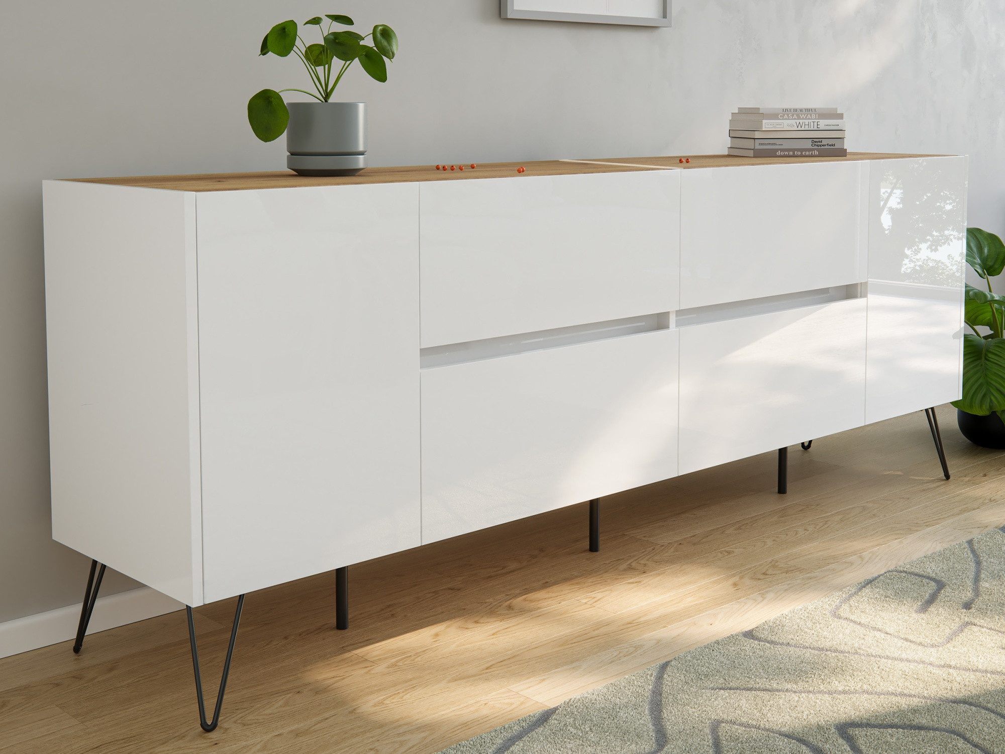 Magnolia Home Sideboard Sideboard Yako 200cm 2 Türen 4 Schubladen Weiß Hgl mit Eiche Top