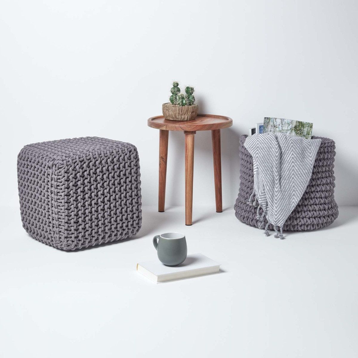 Homescapes Pouf Gestrickter Sitzwürfel 100% Baumwolle, grau