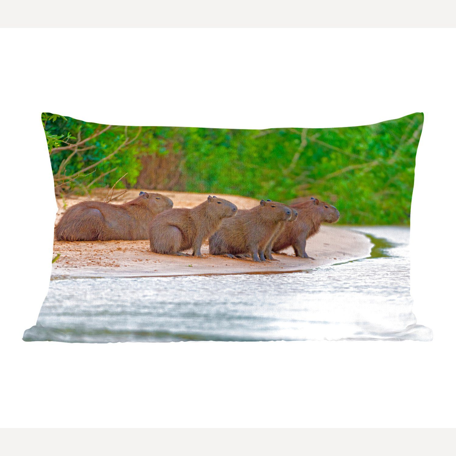MuchoWow Dekokissen Vier Wasserschweine sitzen auf einer Sandbank im Pantanal, Wohzimmer Dekoration, Zierkissen, Dekokissen mit Füllung, Schlafzimmer