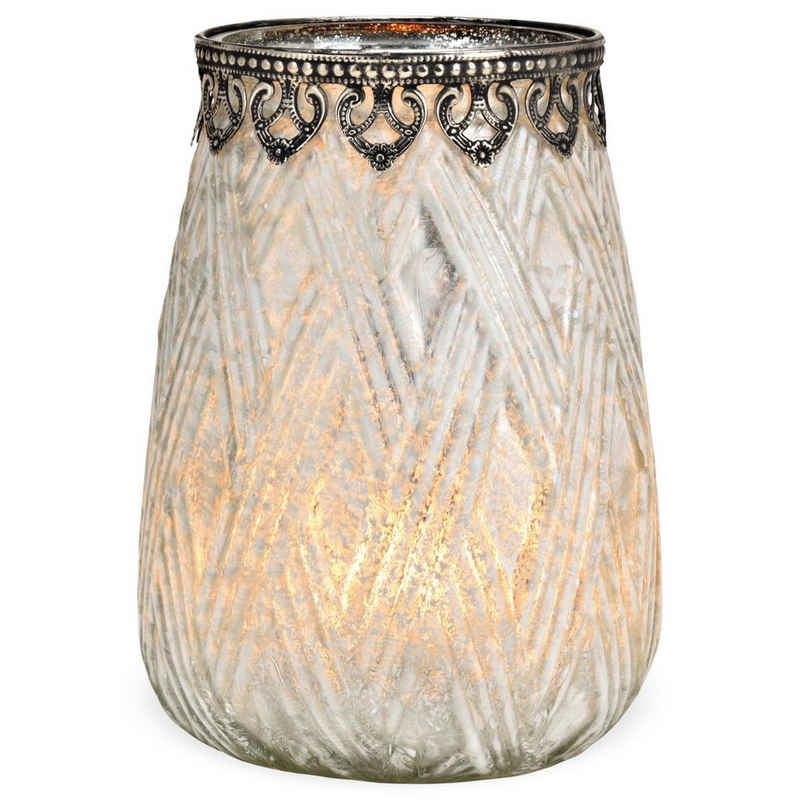 matches21 HOME & HOBBY Kerzenhalter Windlicht aus Glas in weiß mit Metall Dekor in ø 15x20 cm