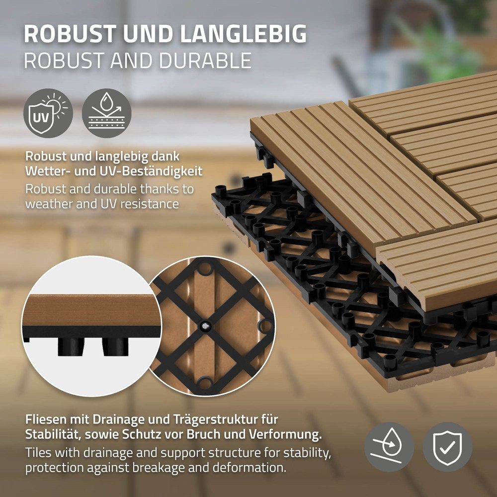 ECD Germany Terrassendielen WPC Bodenplatte Terrassenfliesen Fliesen mit Drainage und Klicksystem, BxL: je 30x30 cm, 22 mm Stärke, Bodenbelag 1m²/11 Stück Teak rutschfest Balkonfliesen