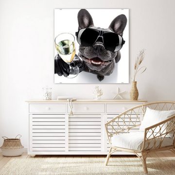 Primedeco Glasbild Wandbild Quadratisch Bulldogge mit Prosecco Glas mit Aufhängung, Tiere