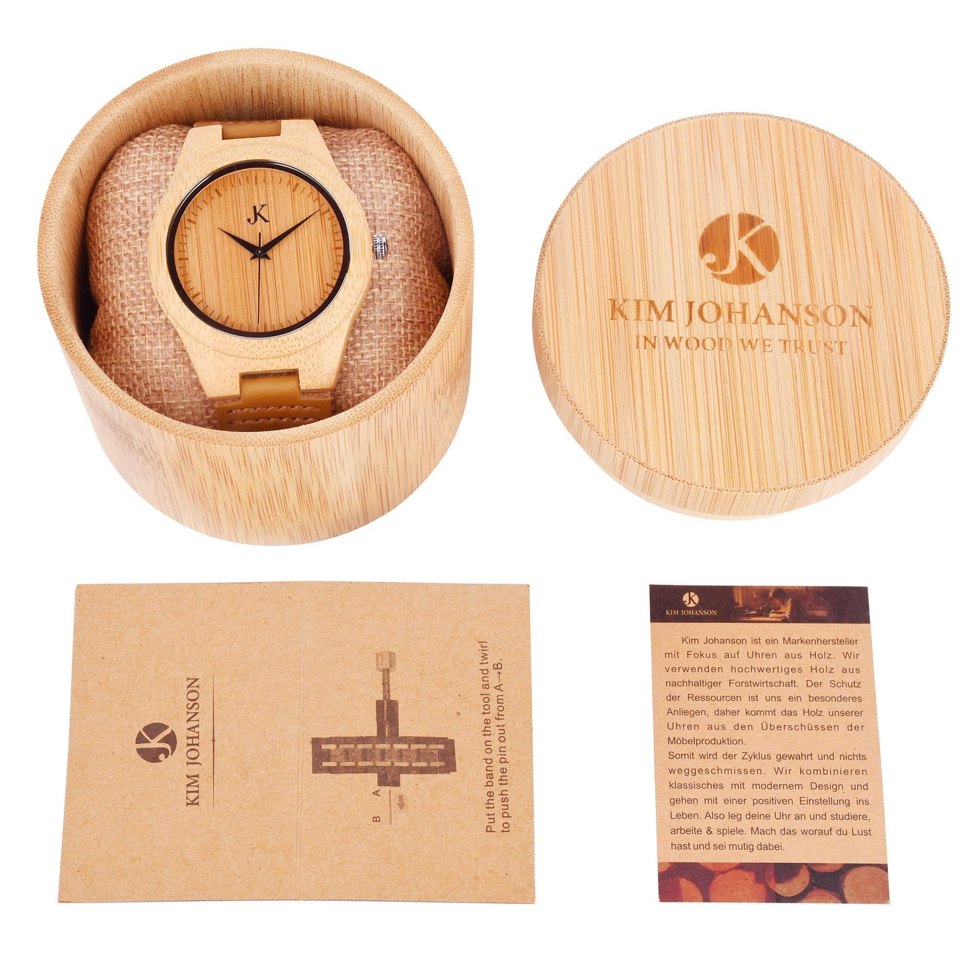 Kim Johanson Quarzuhr Vintage, aus Holz mit Lederarmband