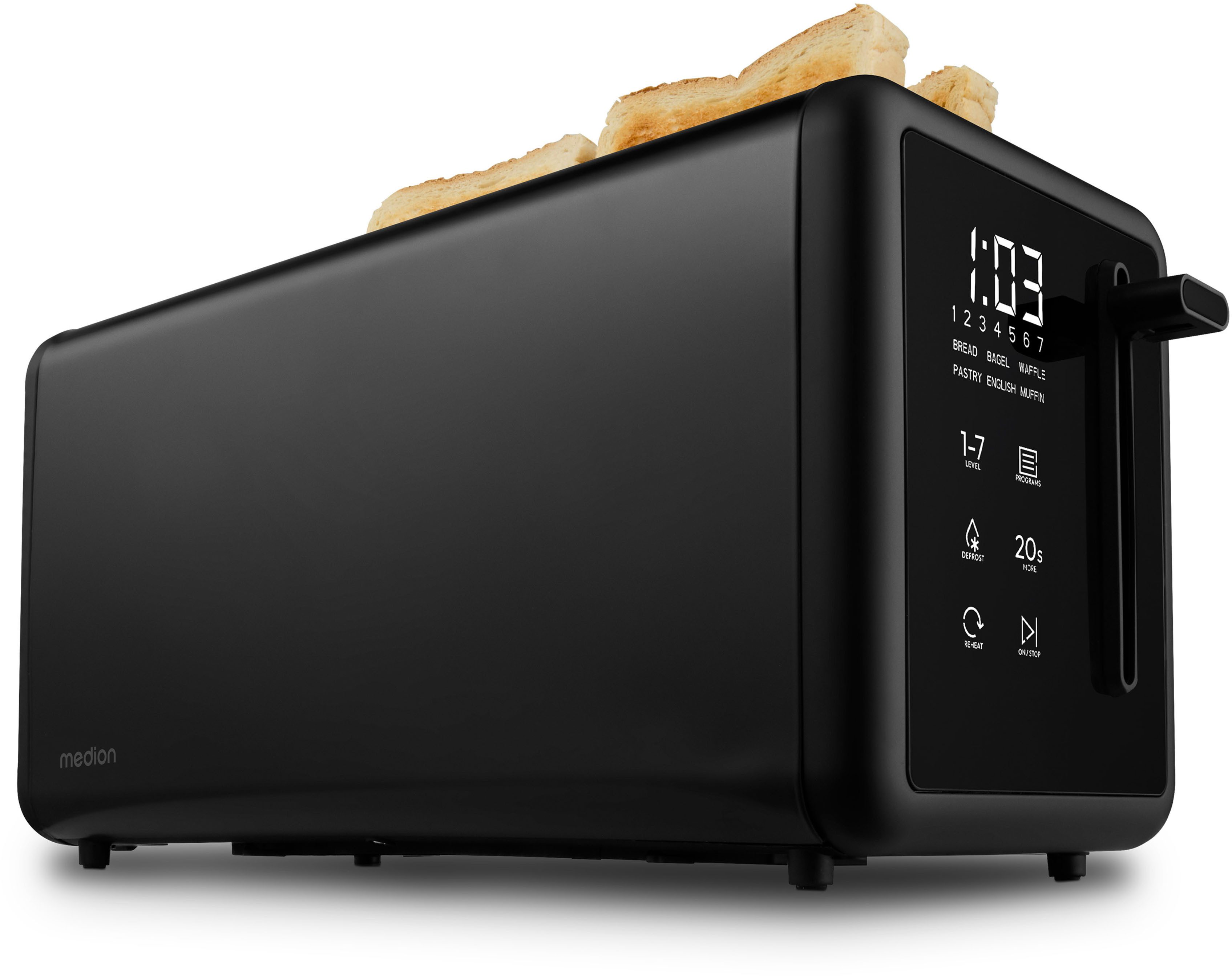 Medion® Toaster Langschlitztoaster, MD12103, LED Sensor-Touch-Display, 2 lange Schlitze, für 4 Scheiben, 1450 W, abnehmbarer Brötchenaufsatz