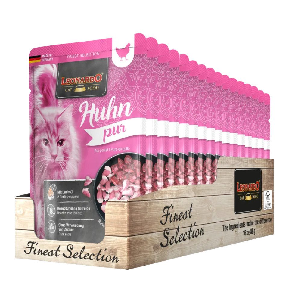 Leonardo Catfood Huhn Pur - getreidefreies Nassfutter mit fettarmen Huhn 16x85g, Nassfutter für: Katzen