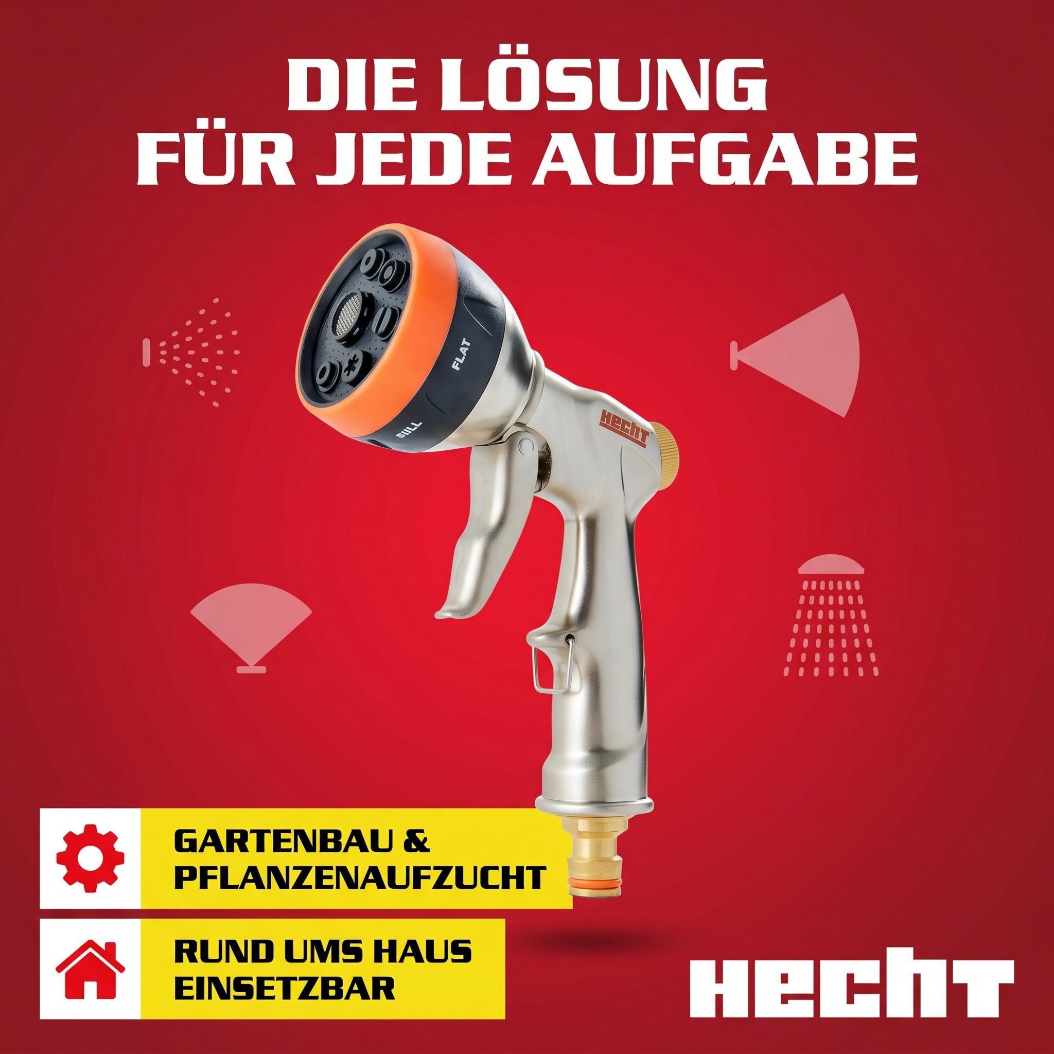 Hecht Bewässerungsbrause Gartenbrause Handbrause mit 6 Sprühmuster Rostfrei, Metallöse, 60 mm Sprühkopf