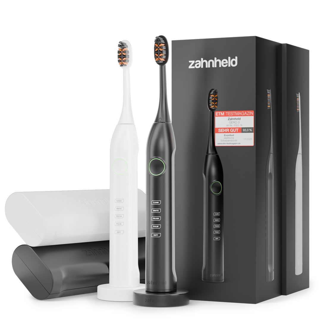 Zahnheld Elektrische Zahnbürste Schallzahnbürste Gero im Doppelpack mit Etui schwarz/weiß, 5 Putzmodi, Zahnpflege Set, Mundpflege, Reisezahnbürste, Zahnbürste mit Schall im Set, Zweierpack