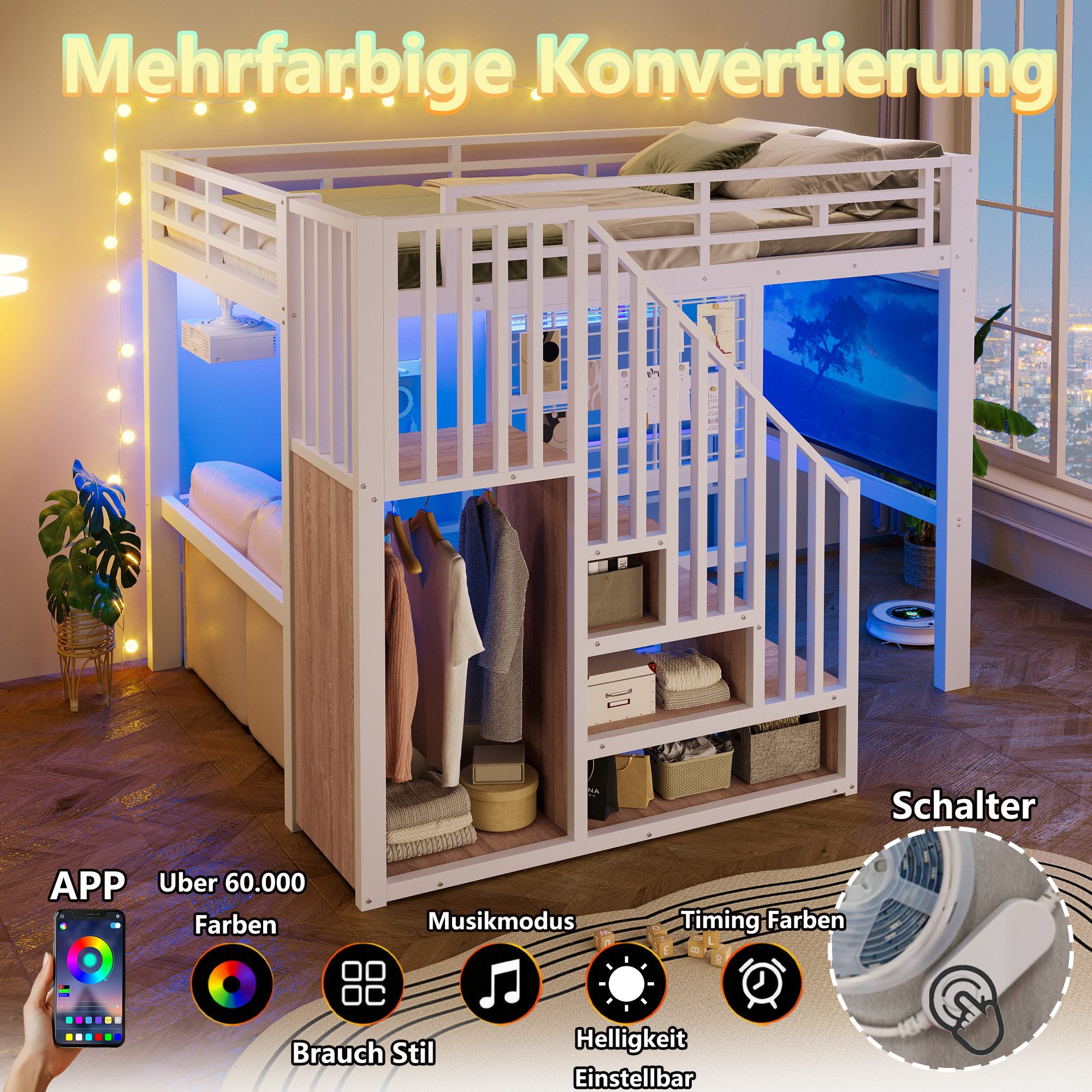 Flieks Hochbett projektoraufhängbar Metallbett 140x200cm mit Lichtstreife, Gitter und Stauraumtreppe