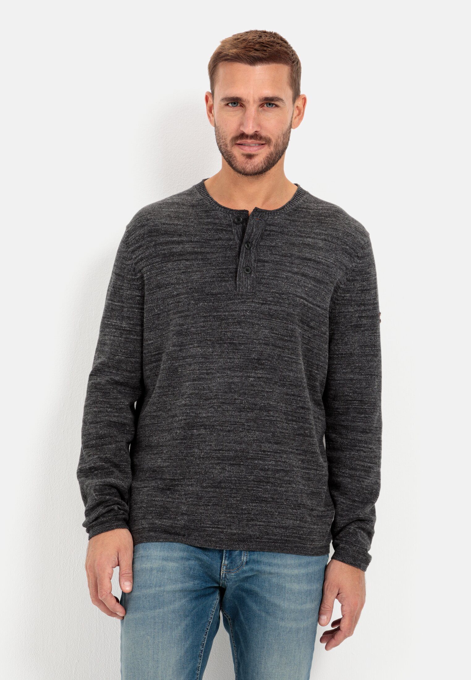 camel active Henleyshirt aus reiner Baumwolle Langarm Stehkragen