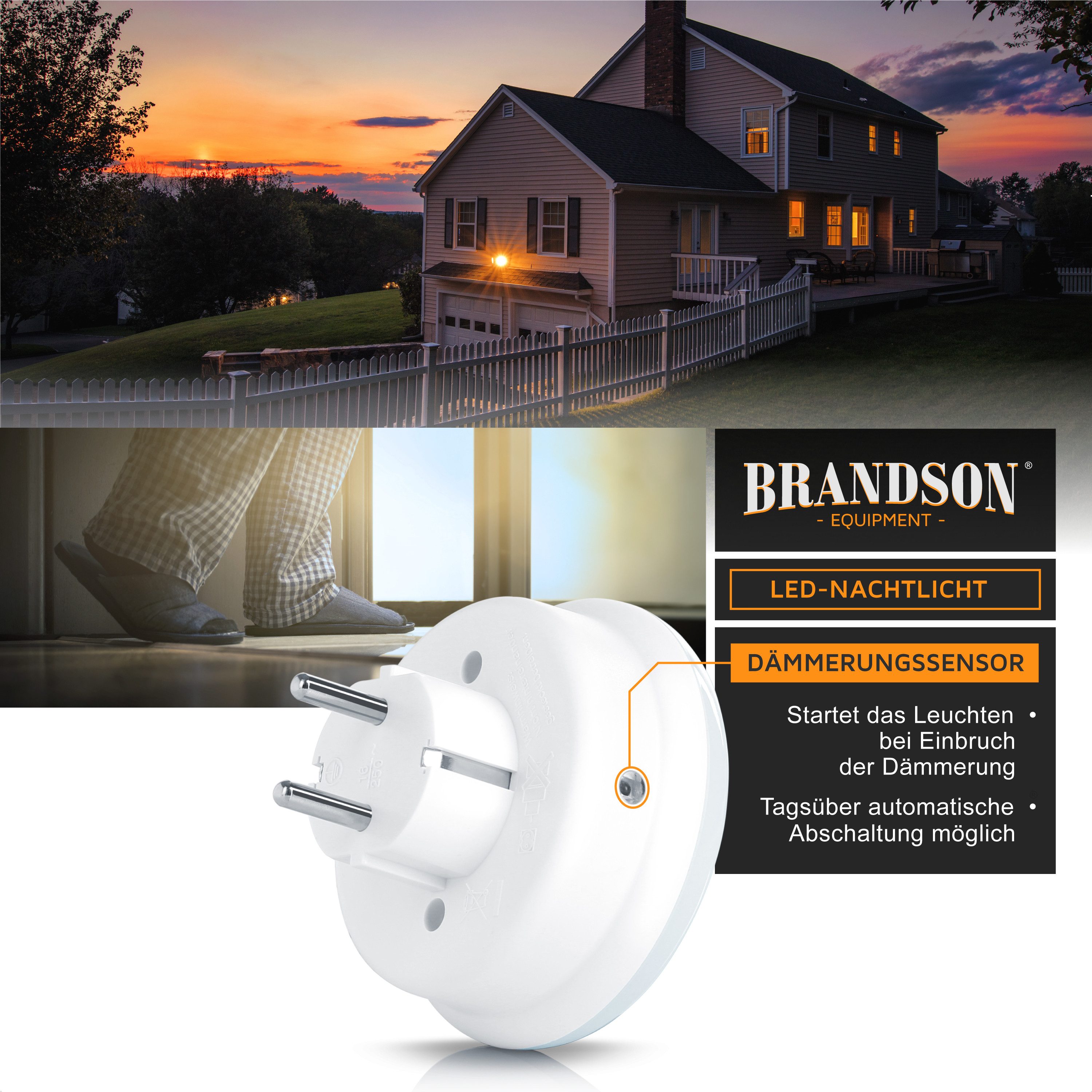 Brandson LED Nachtlicht Nachtlampe mit Zwischenstecker & auswählbaren Farben - Weiß/Grün/Blau, Integrierter Helligkeitssensor und Dämmerungssensor, 230 V AC, 50 Hz