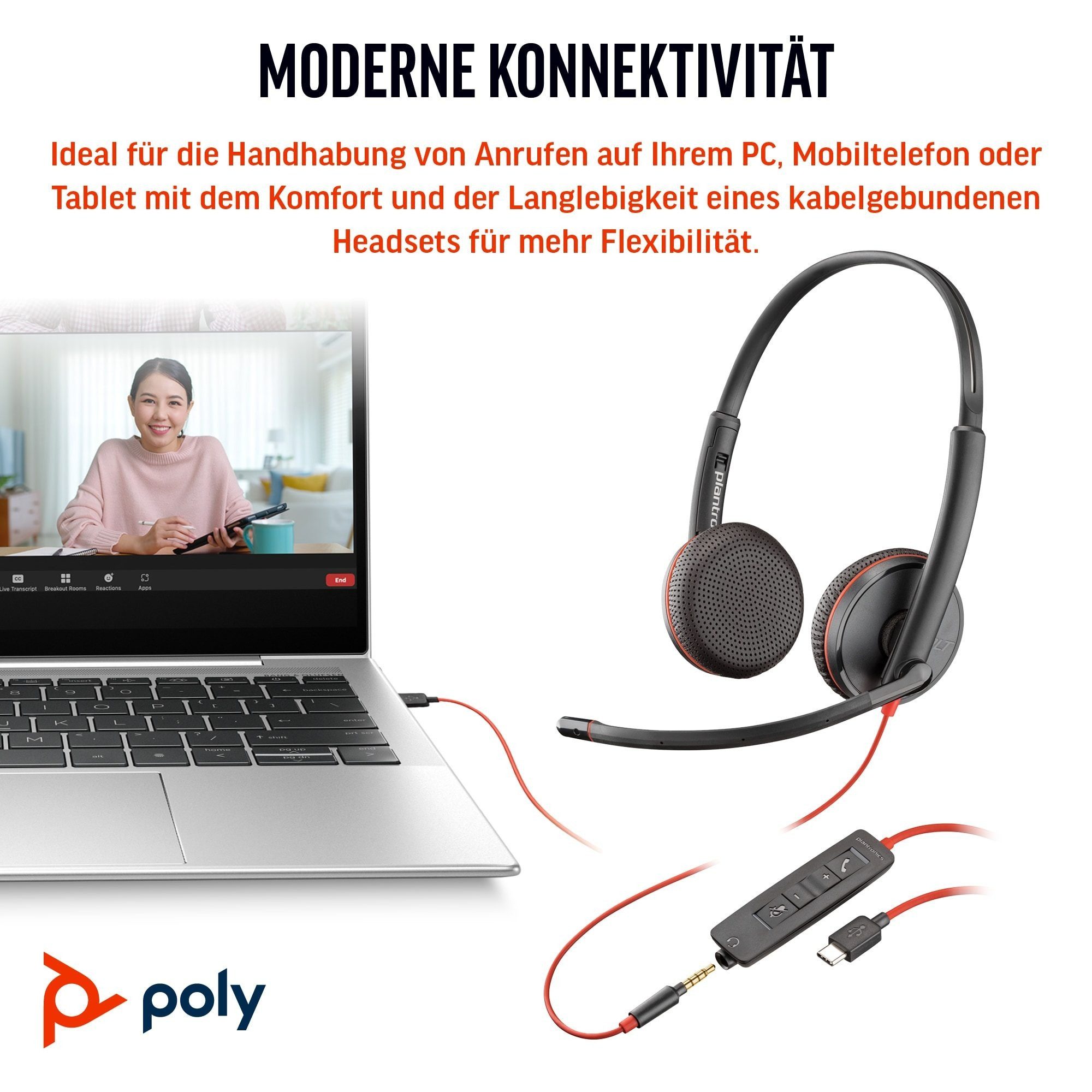 Polycom Poly Blackwire 3225 Stereo USB-C Headset mit 3,5mm & Adapter PC-Headset