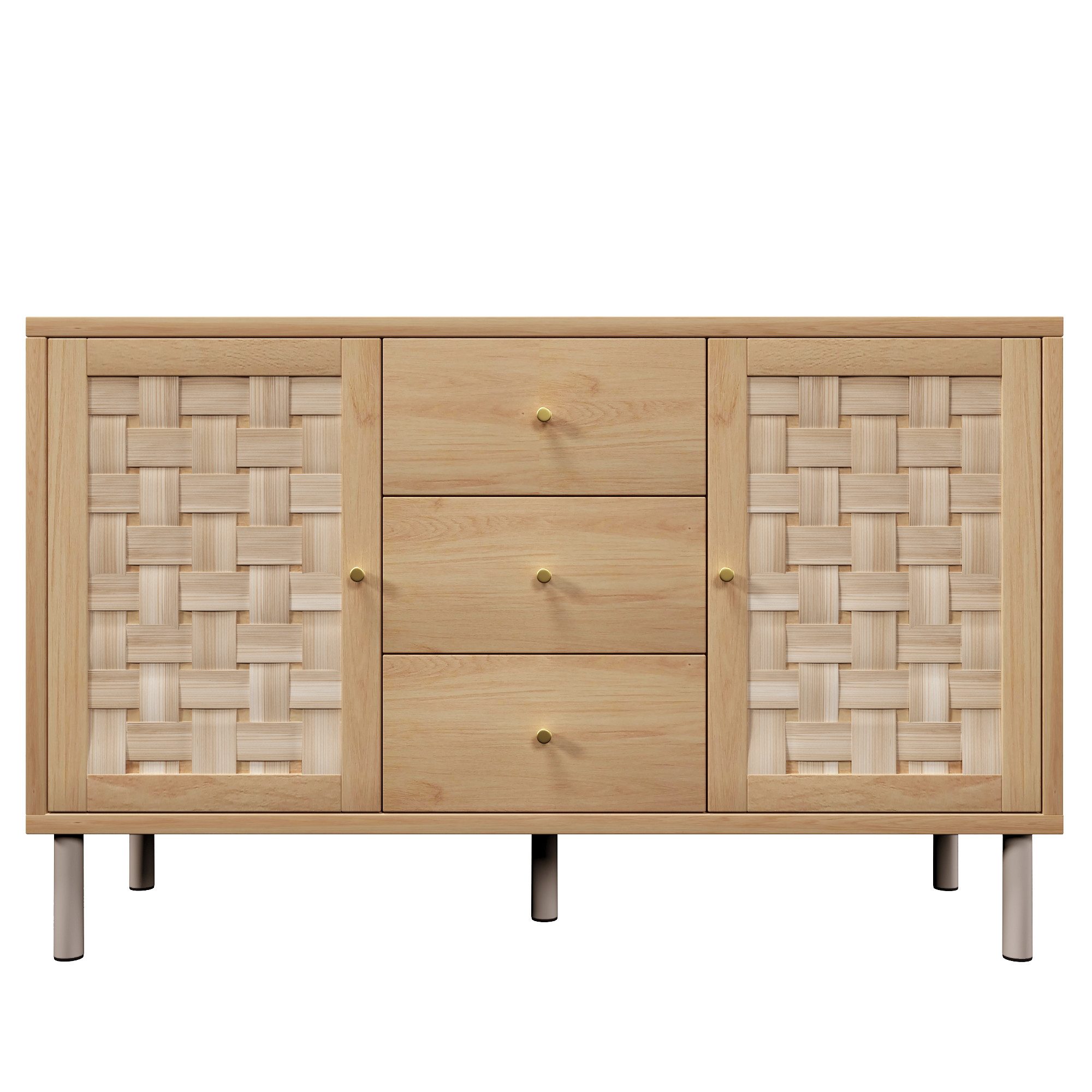 Flieks Kommode Sideboard mit 3 Schubladen und 2 gewebte Türen in Landhausstil (120x40x75 cm, 1 St., Schrank für Wohnzimmer, Flur, Esszimmer, Schlafzimmer), Mehrzweckschrank mit höhenverstellbare Einlegeböden Eicheholzfarbe