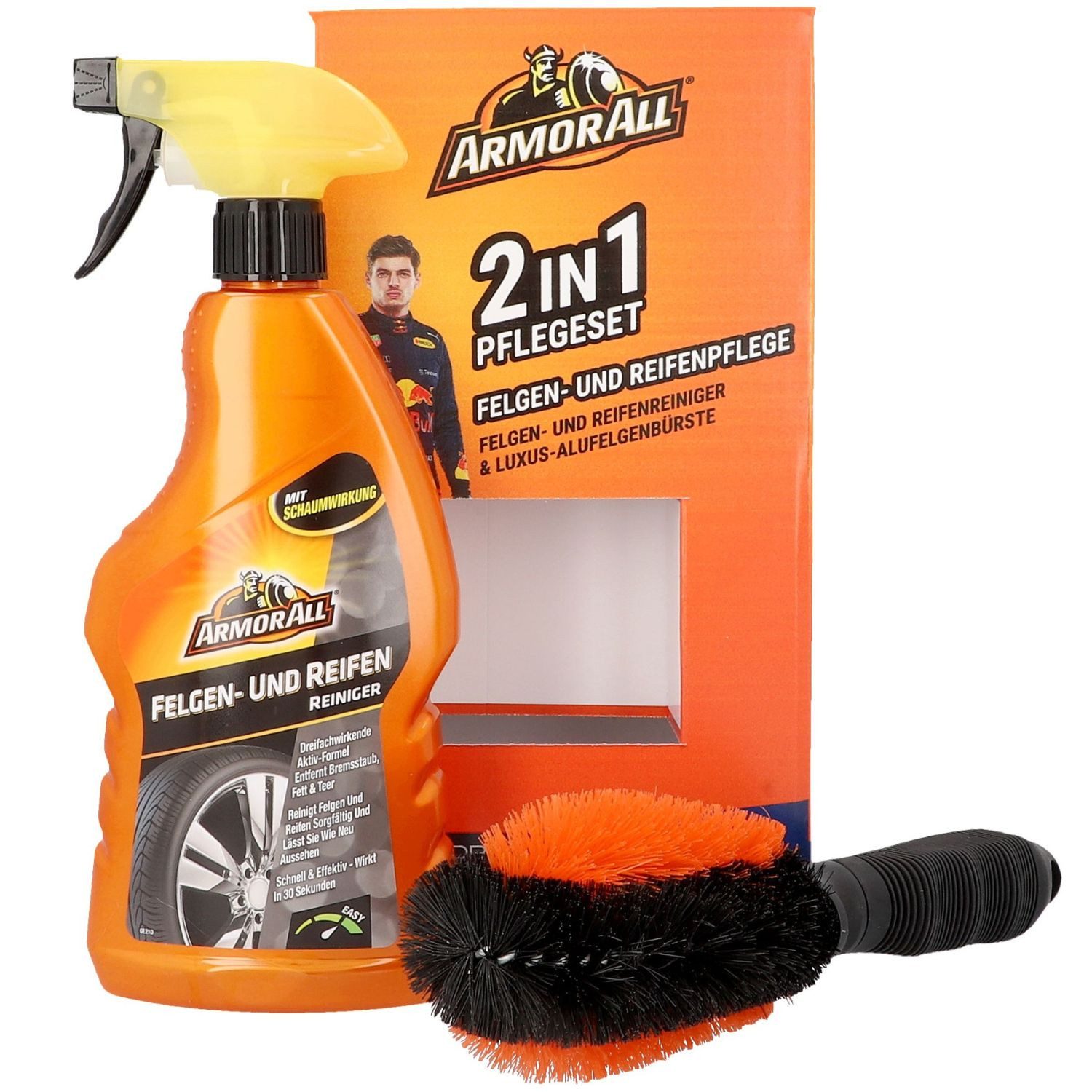 Armor All 2in1 Set Felgen-Reiniger 500ml + Felgenbürste Felgenreiniger (Spar-Set, [- 2in1 Pflegeset Auto Reinigung Spray Pflege Alufelgen Reifen-Reiniger Felgen-Bürste)